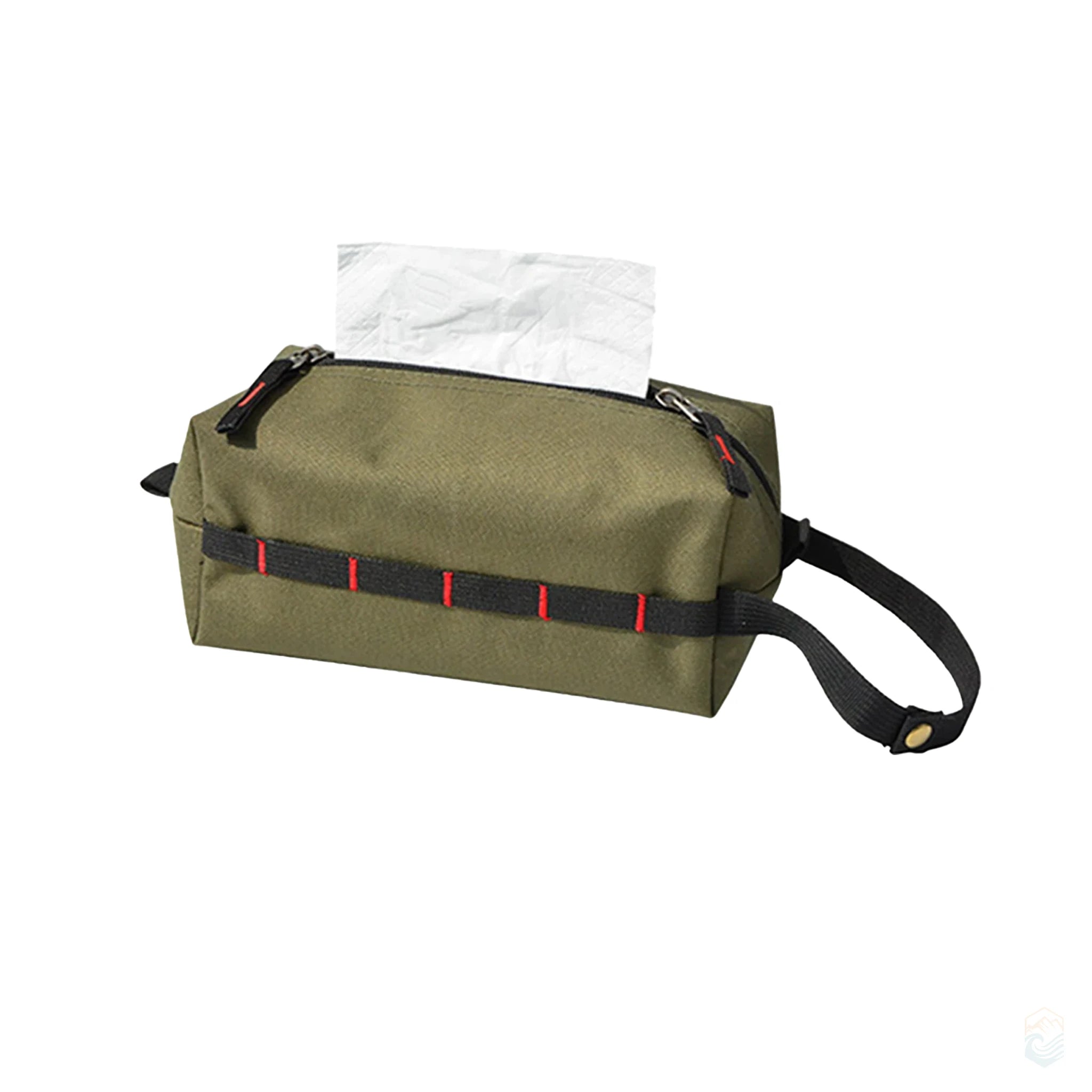 Army green outdoor toilet paper storage bag with top zipper and black strap, featuring red-stitched MOLLE webbing for camping or hiking use