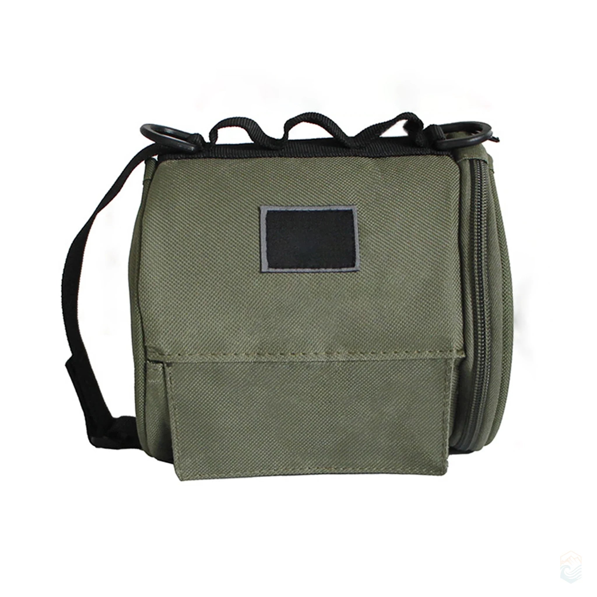 Army green camping toilet paper storage pouch with top hook loops and side zipper, designed for outdoor use