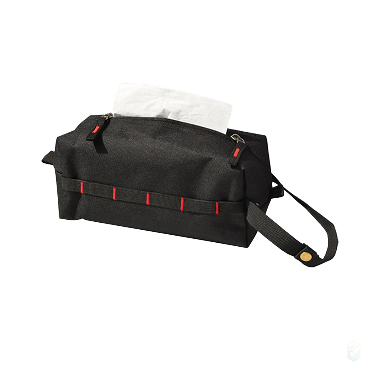Black outdoor toilet paper storage bag with red accent stitching and hook strap, featuring top zipper access for tissue dispensing