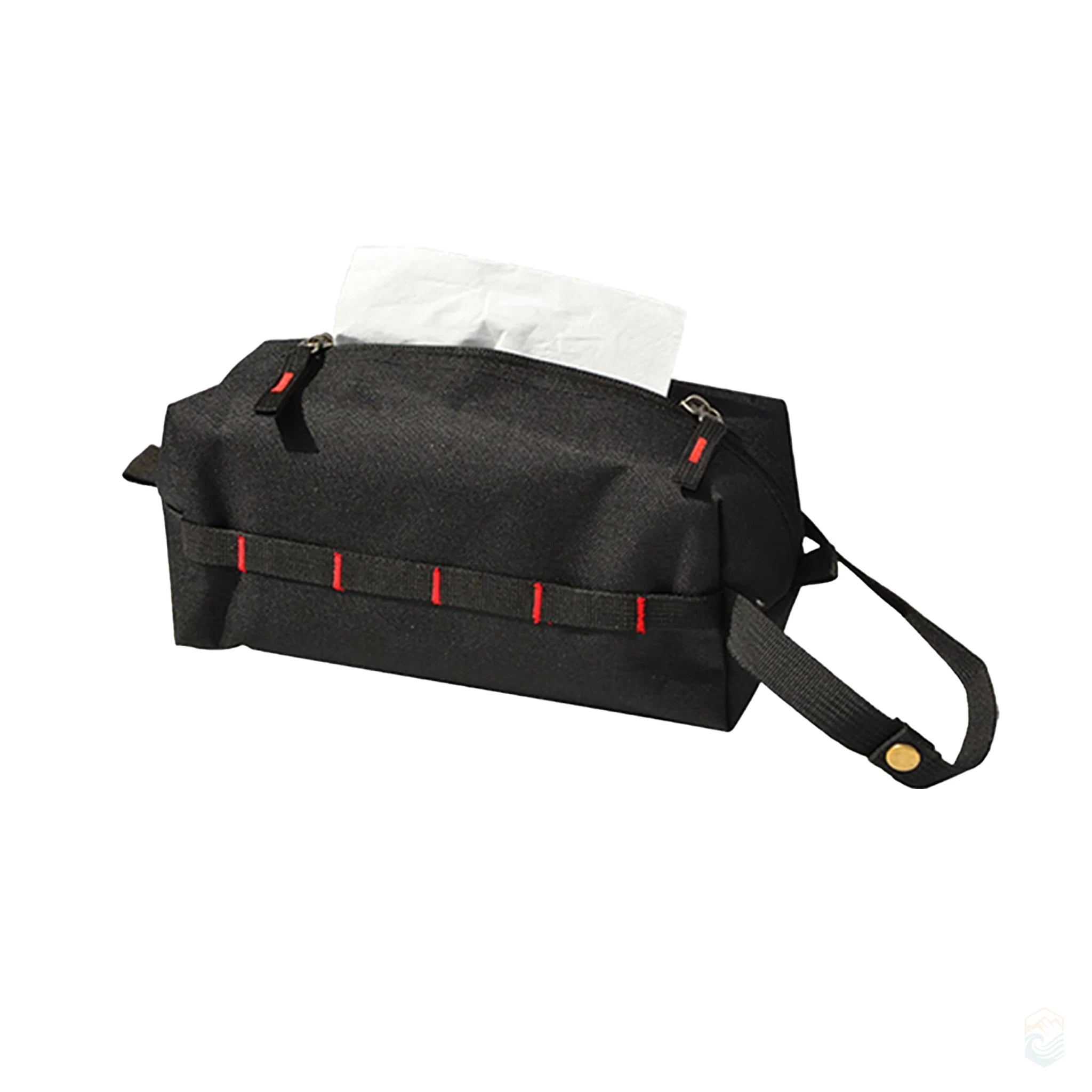 Black outdoor toilet paper storage bag with red accent stitching and hook strap, featuring top zipper access for tissue dispensing