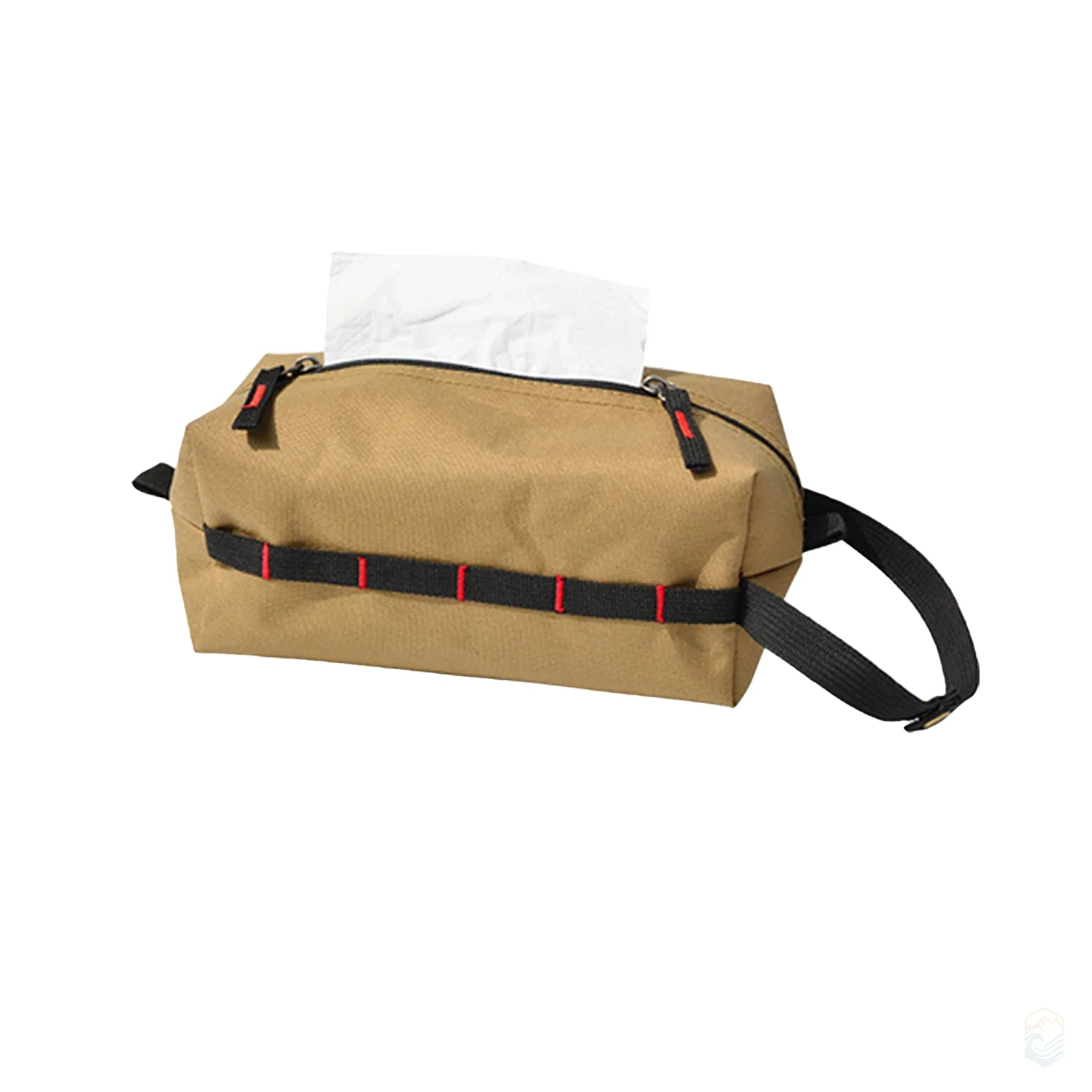 Khaki outdoor toilet paper holder bag with black strap detailing and red stitching, designed for hiking, camping, and picnic use
