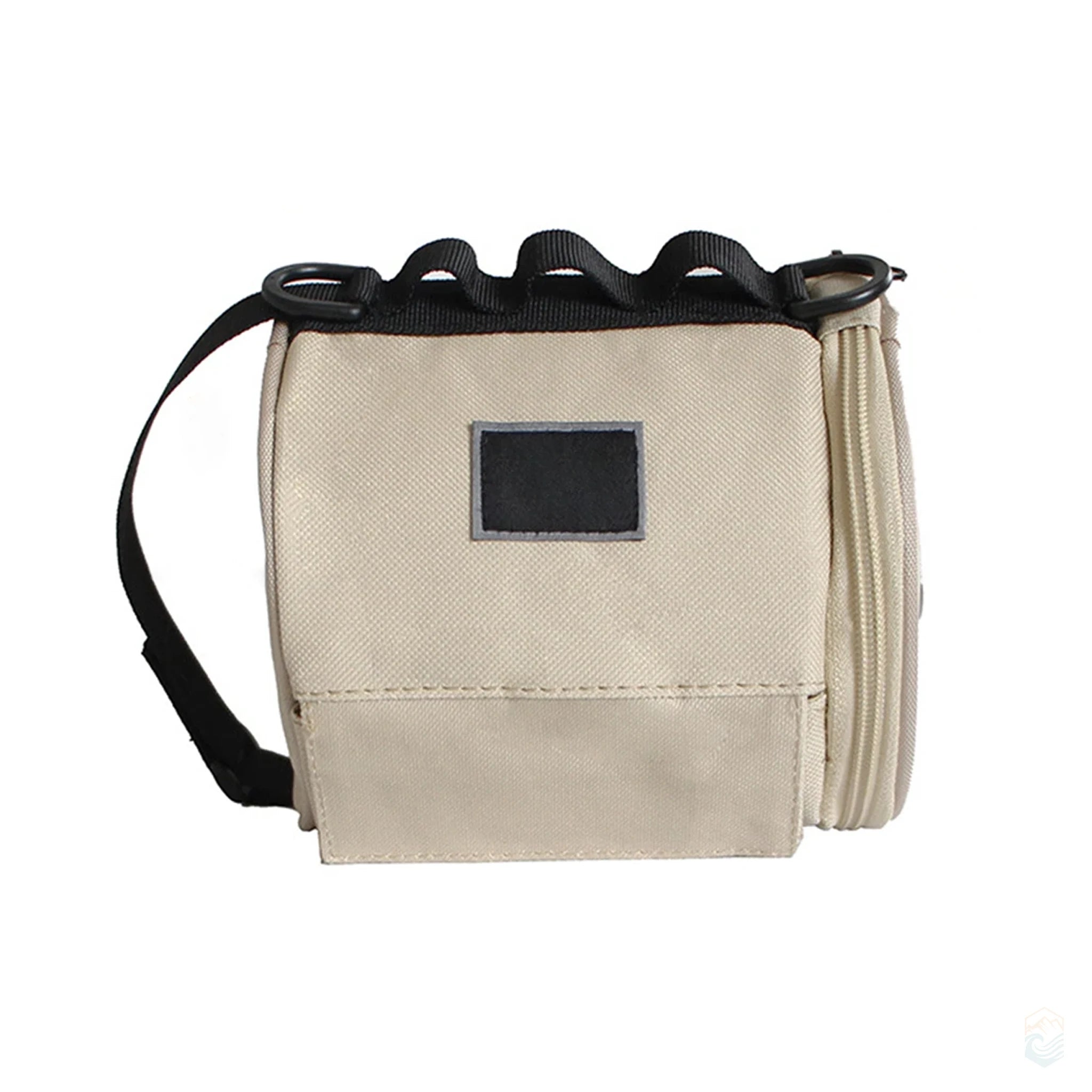 Khaki outdoor toilet paper storage bag with utility hook and webbing loops, ideal for camping or hiking trips