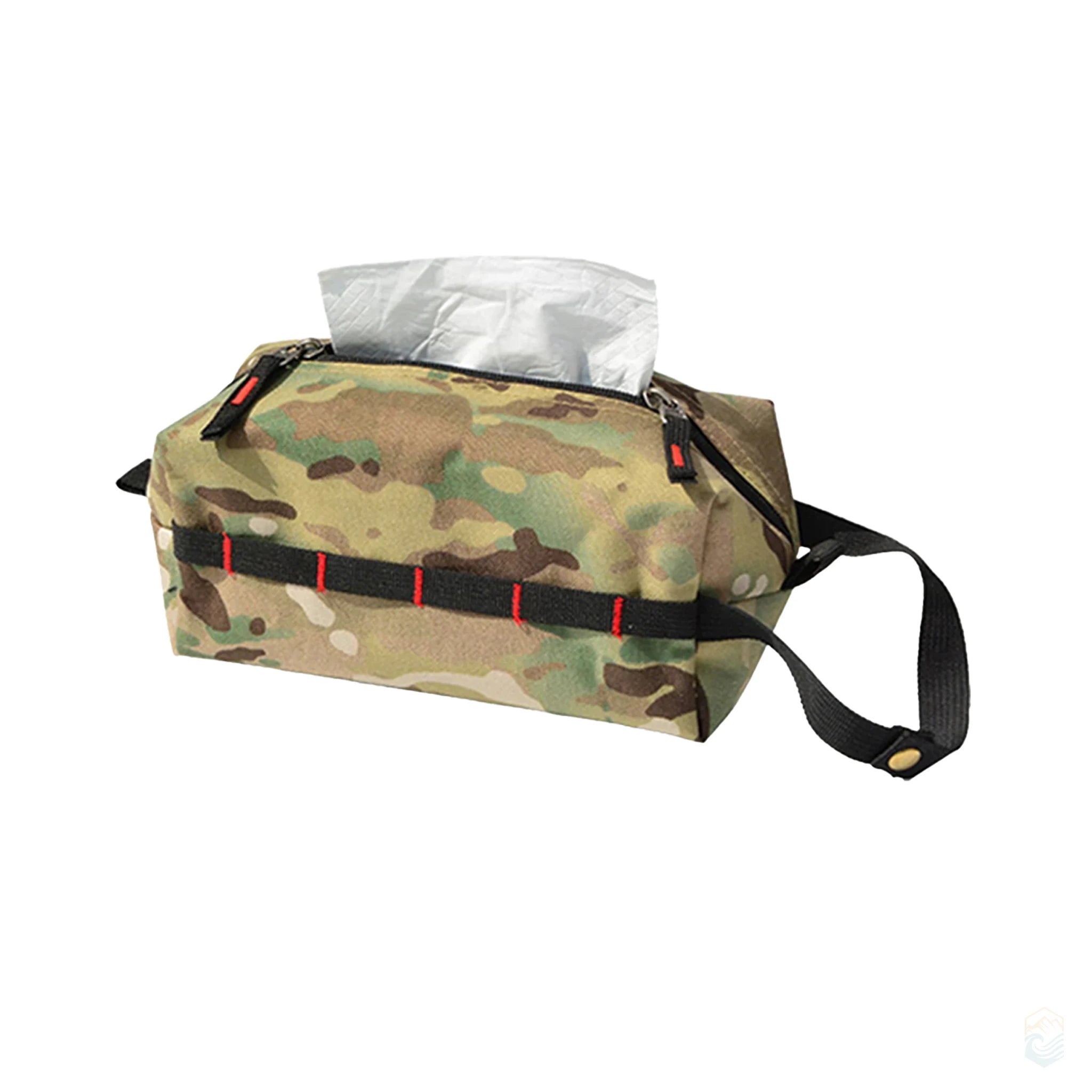 Multi-terrain camo toilet paper holder storage bag with black strap and red stitching, ideal for camping, hiking, or tactical outdoor use
