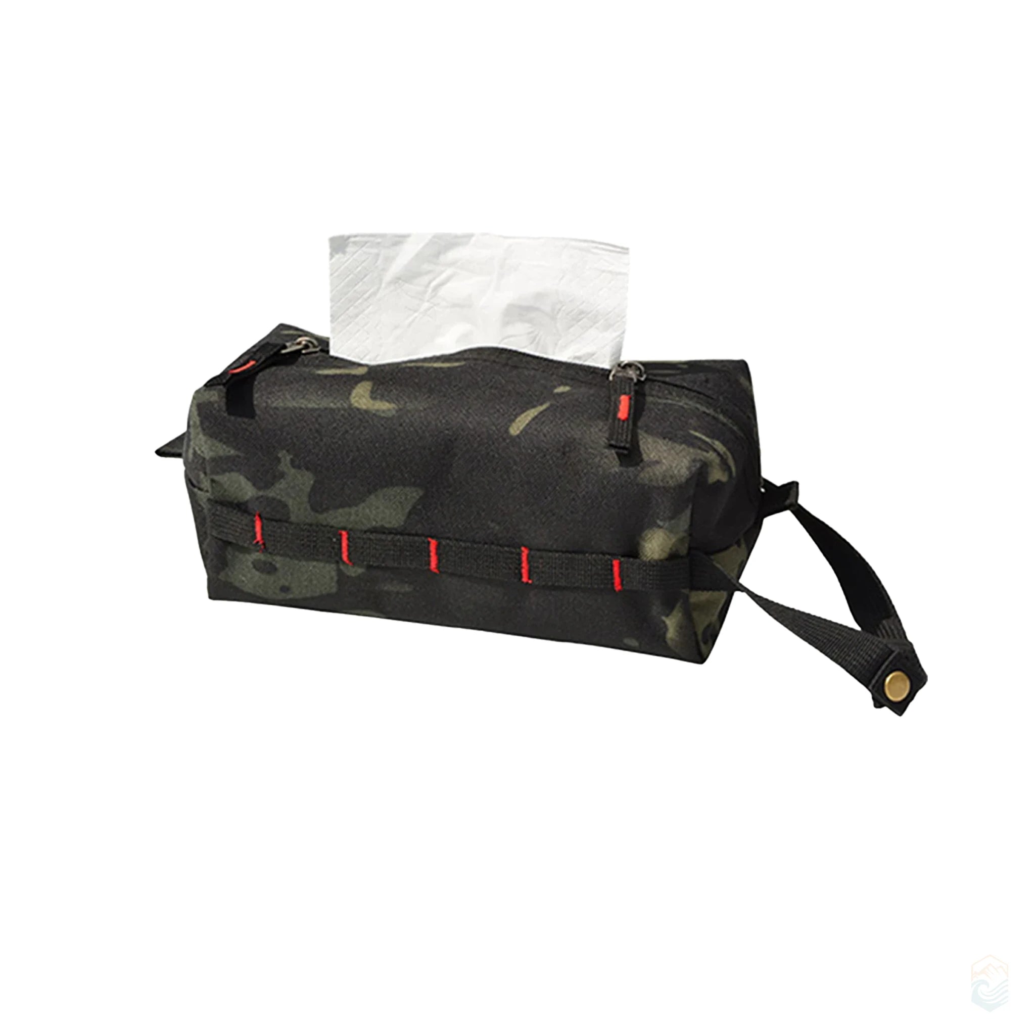 Woodland camo outdoor toilet paper storage bag with hook and red-stitched webbing loops, tissue accessible from top zippered opening