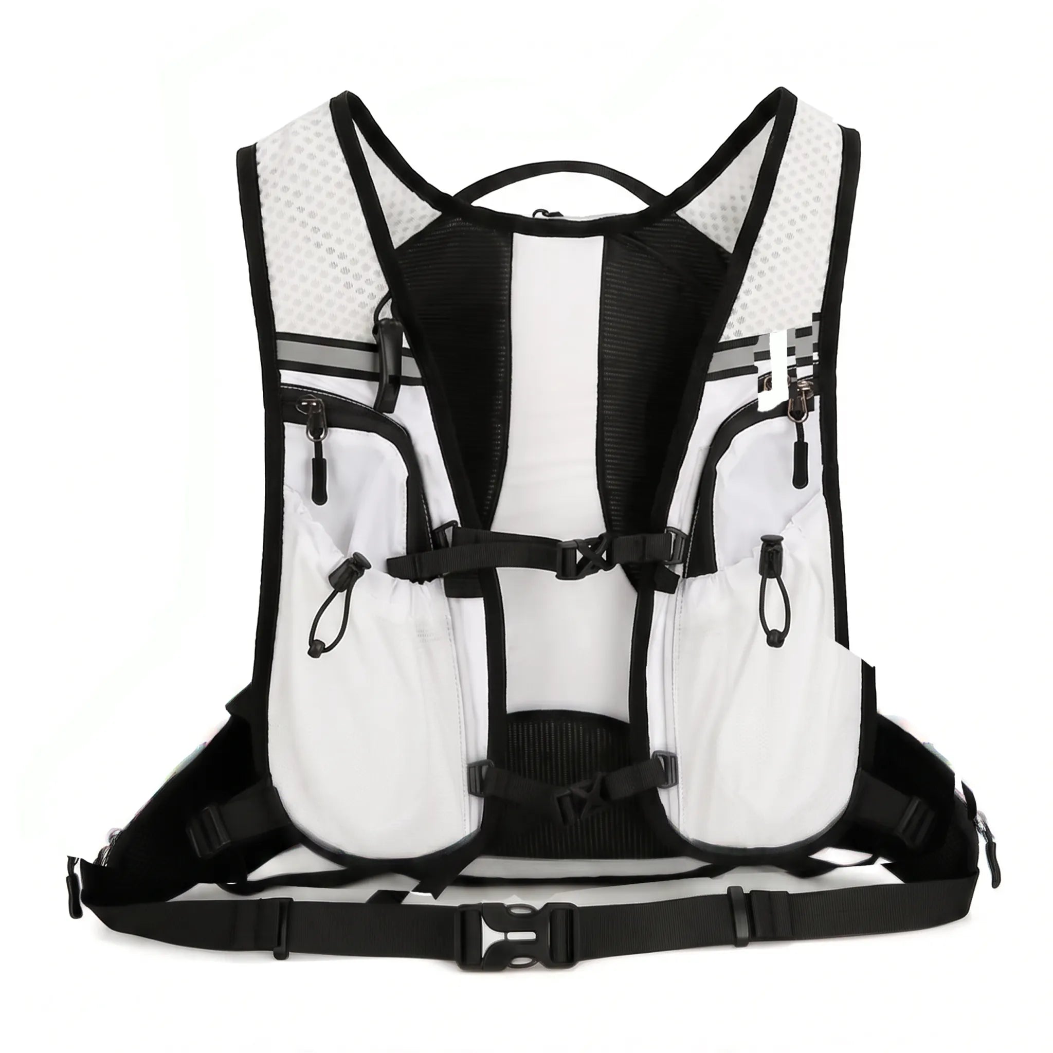 Rear view of white Top Speed 20L hydration backpack showing breathable straps, zippered pockets, reflective details, and phone storage.