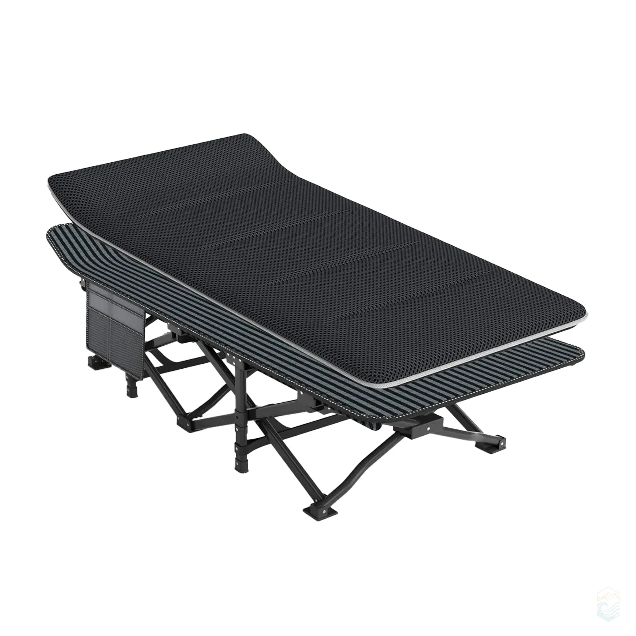 Ultralight folding camping cot with black striped removable cushion and side pocket for outdoor sleeping comfort