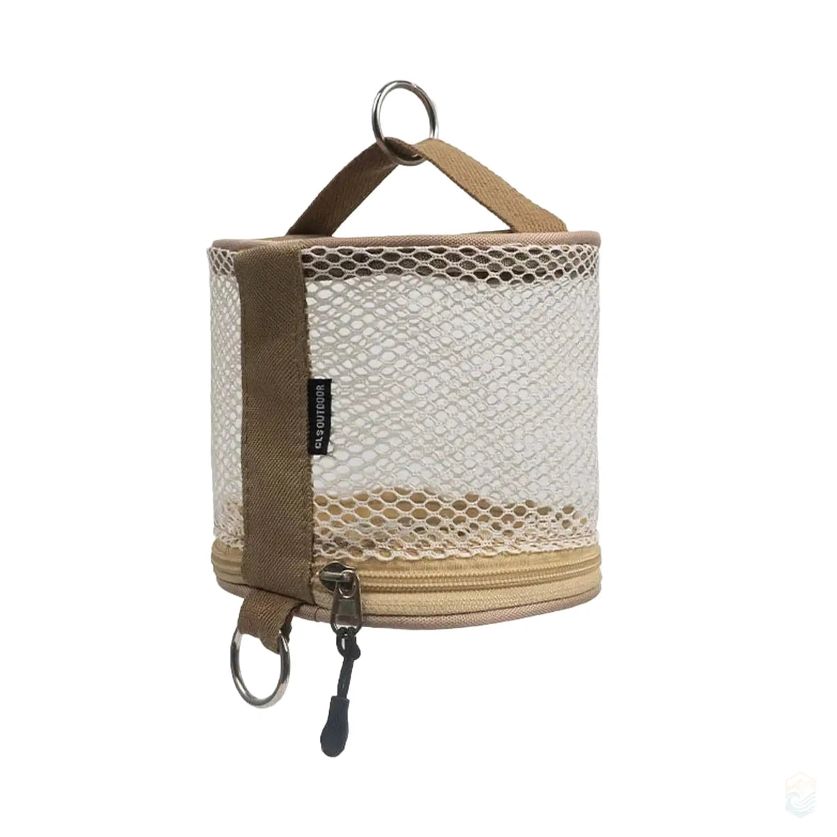 White CLS outdoor camping toilet paper storage case made of durable oxford and mesh cloth, with a hanging loop and zipper closure, ideal for keeping toilet paper clean and dry