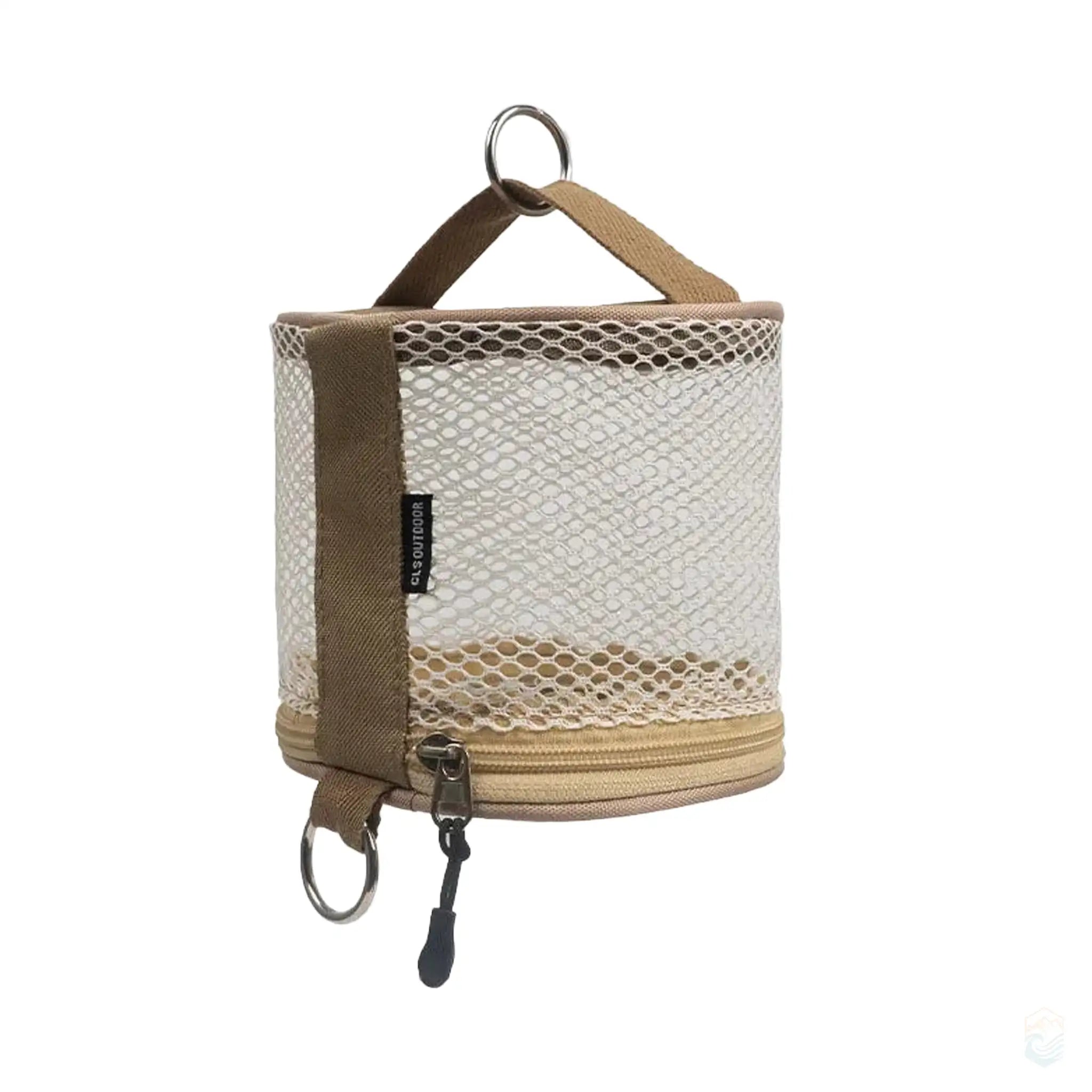 White CLS outdoor camping toilet paper storage case made of durable oxford and mesh cloth, with a hanging loop and zipper closure, ideal for keeping toilet paper clean and dry