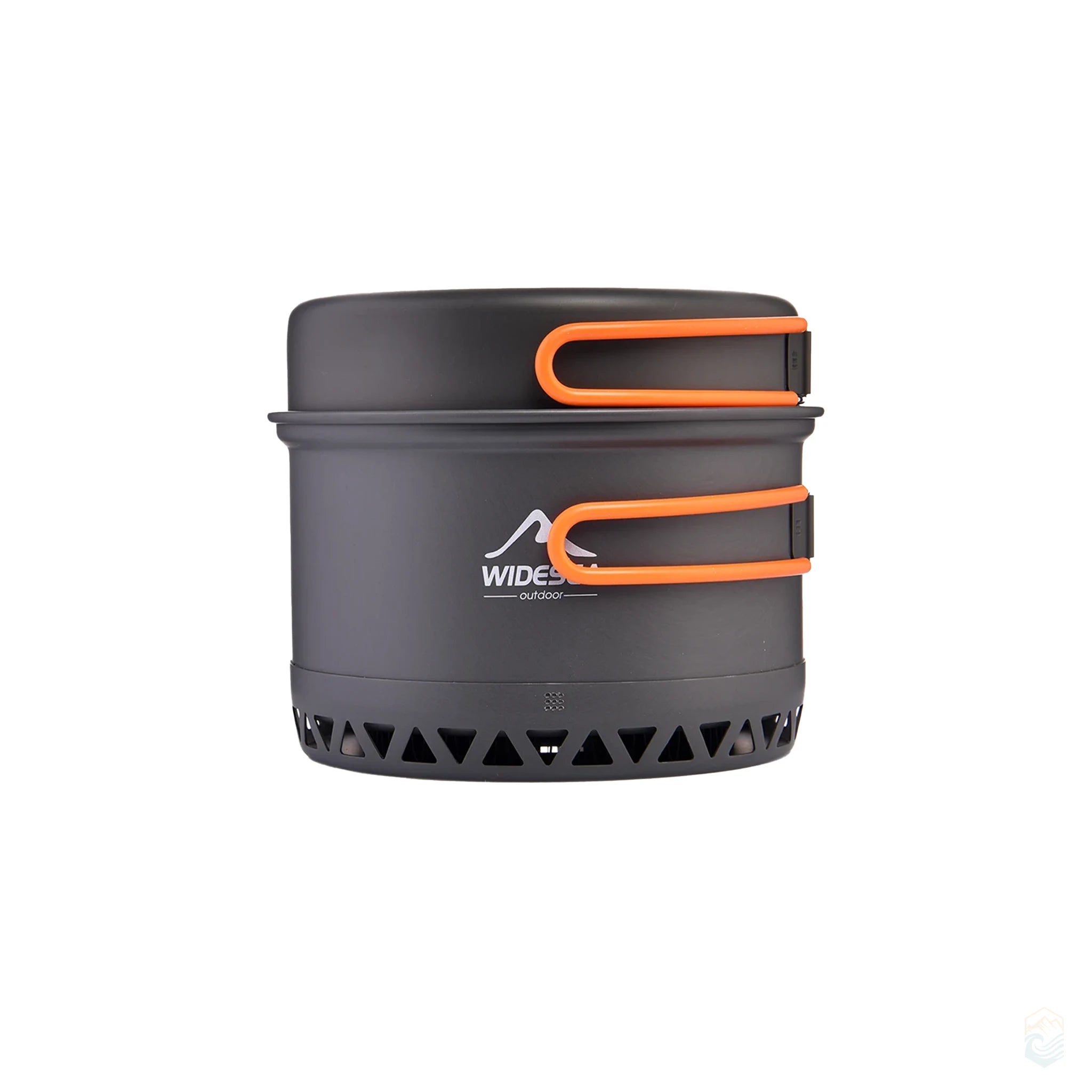 Widesea 2.3L camping cookware set with large heat-exchanger pot, compact nesting design, and foldable orange handles for efficient outdoor cooking and boiling