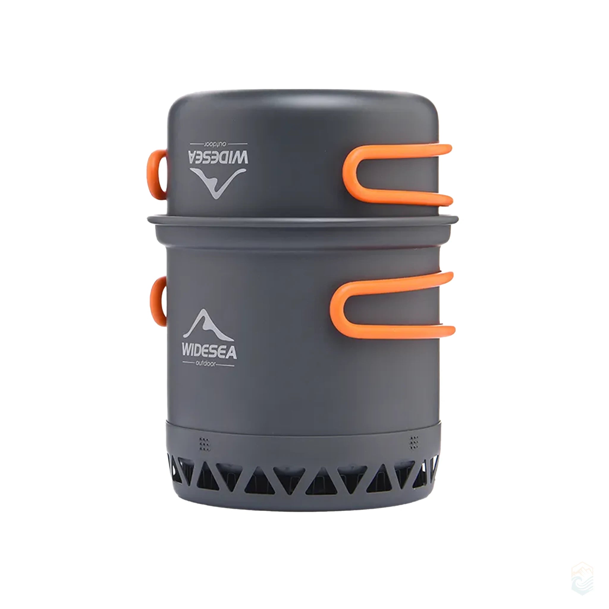 Side view of stacked Widesea camping cookware set with orange foldable handles and heat-exchanger base, showing compact nesting design for efficient outdoor packing and cooking