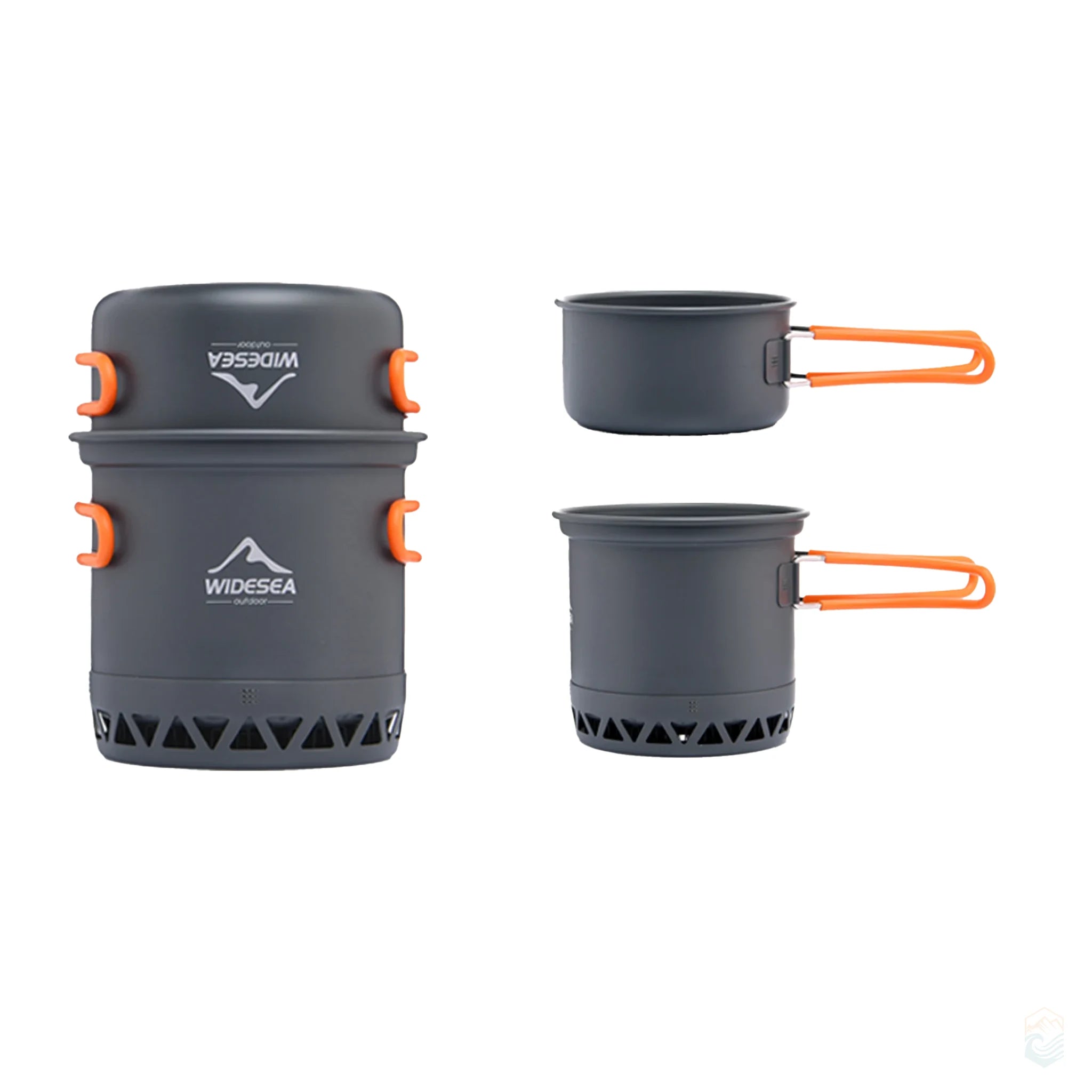 Widesea camping cookware set shown fully stacked and separated into two individual heat-exchanger pots with foldable orange handles, designed for compact outdoor cooking versatility