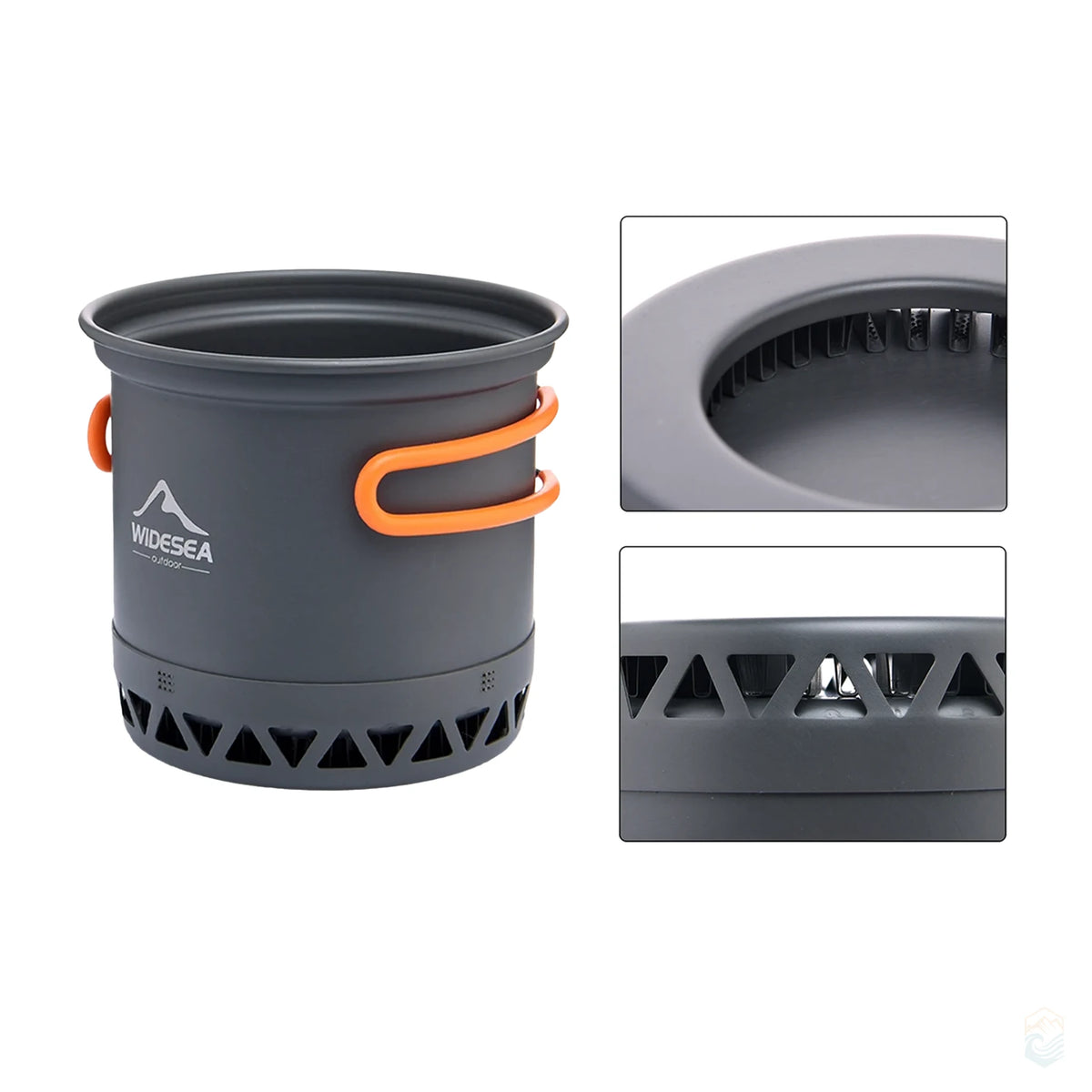 Widesea camping pot with orange foldable handles and heat exchanger base, shown with close-up insets of internal heat fins and outer ventilation system for improved cooking efficiency