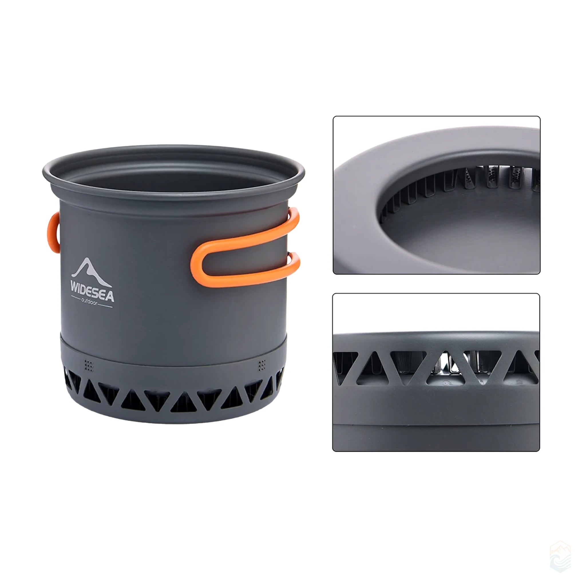 Widesea camping pot with orange foldable handles and heat exchanger base, shown with close-up insets of internal heat fins and outer ventilation system for improved cooking efficiency