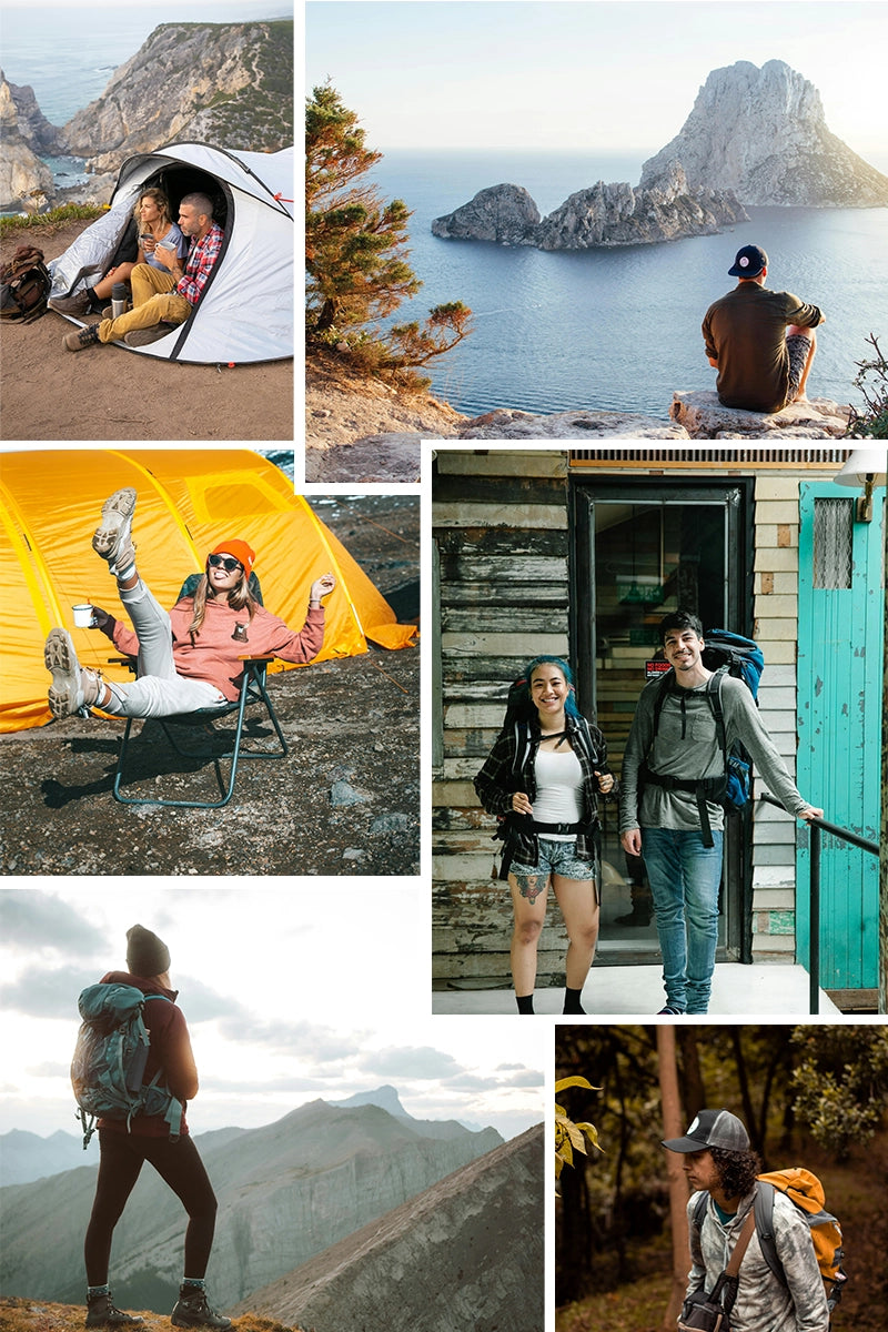 Collage of outdoor activities featuring camping, hiking, and scenic views, showcasing the essence of Wilderness and Waves' mission.