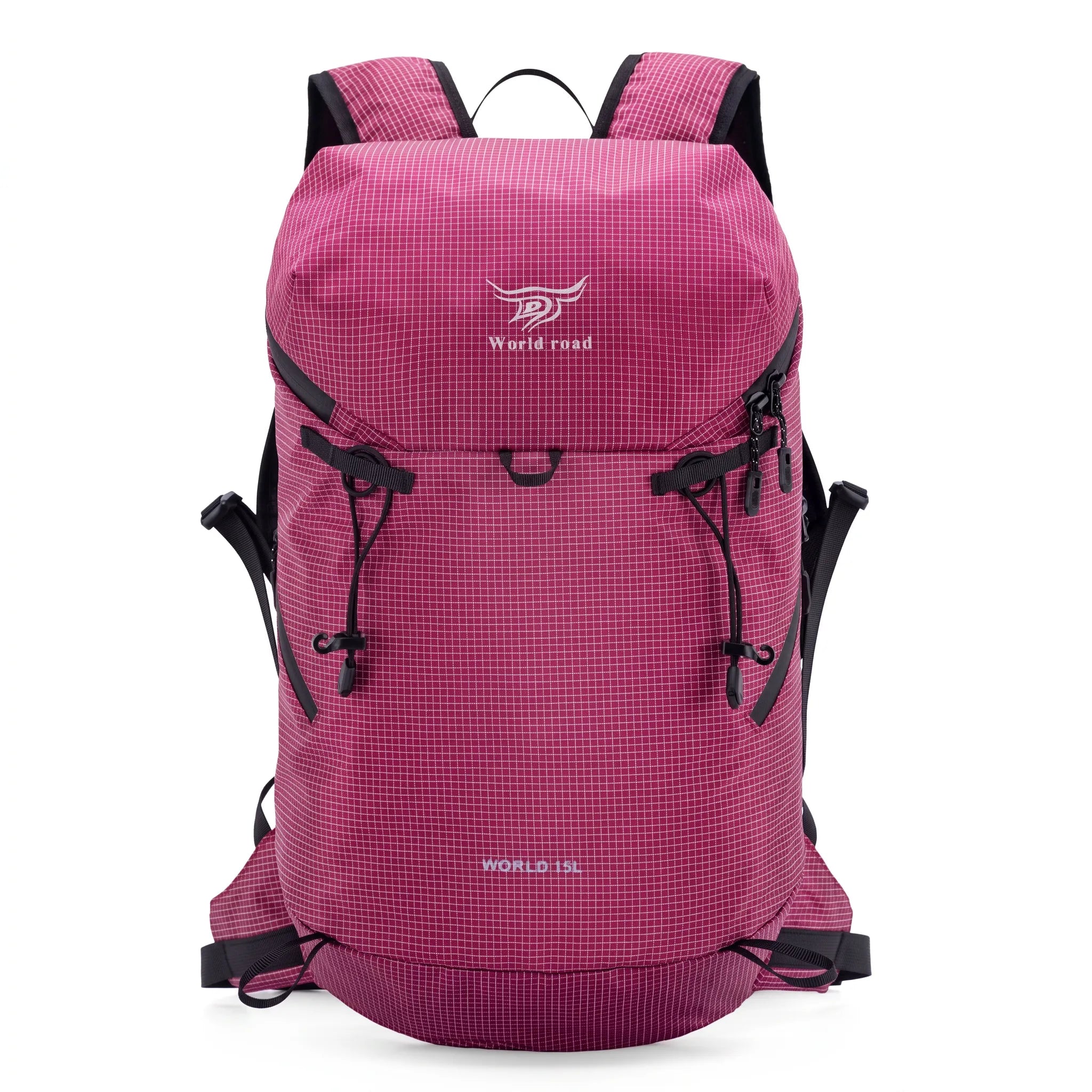 Front view of the World Road 15L Urban Outdoor Hiking Backpack in pink with black compression cords, adjustable straps, and ripstop-style fabric.