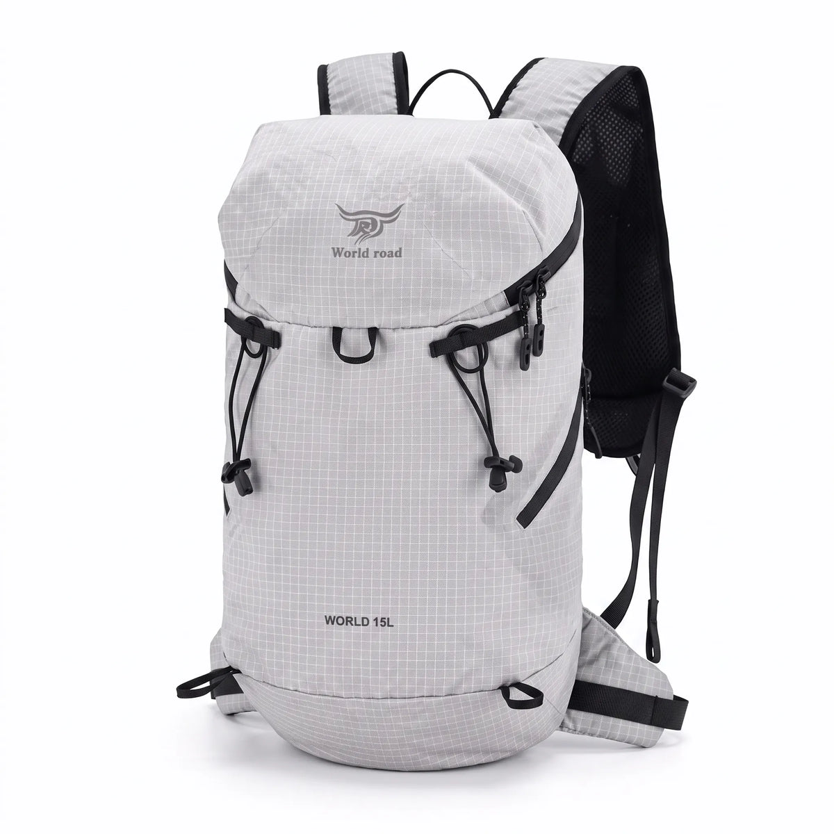 Angled front and side view of the World Road 15L Urban Outdoor Hiking Backpack in white with black shoulder straps, compression cords, and ripstop-style fabric.