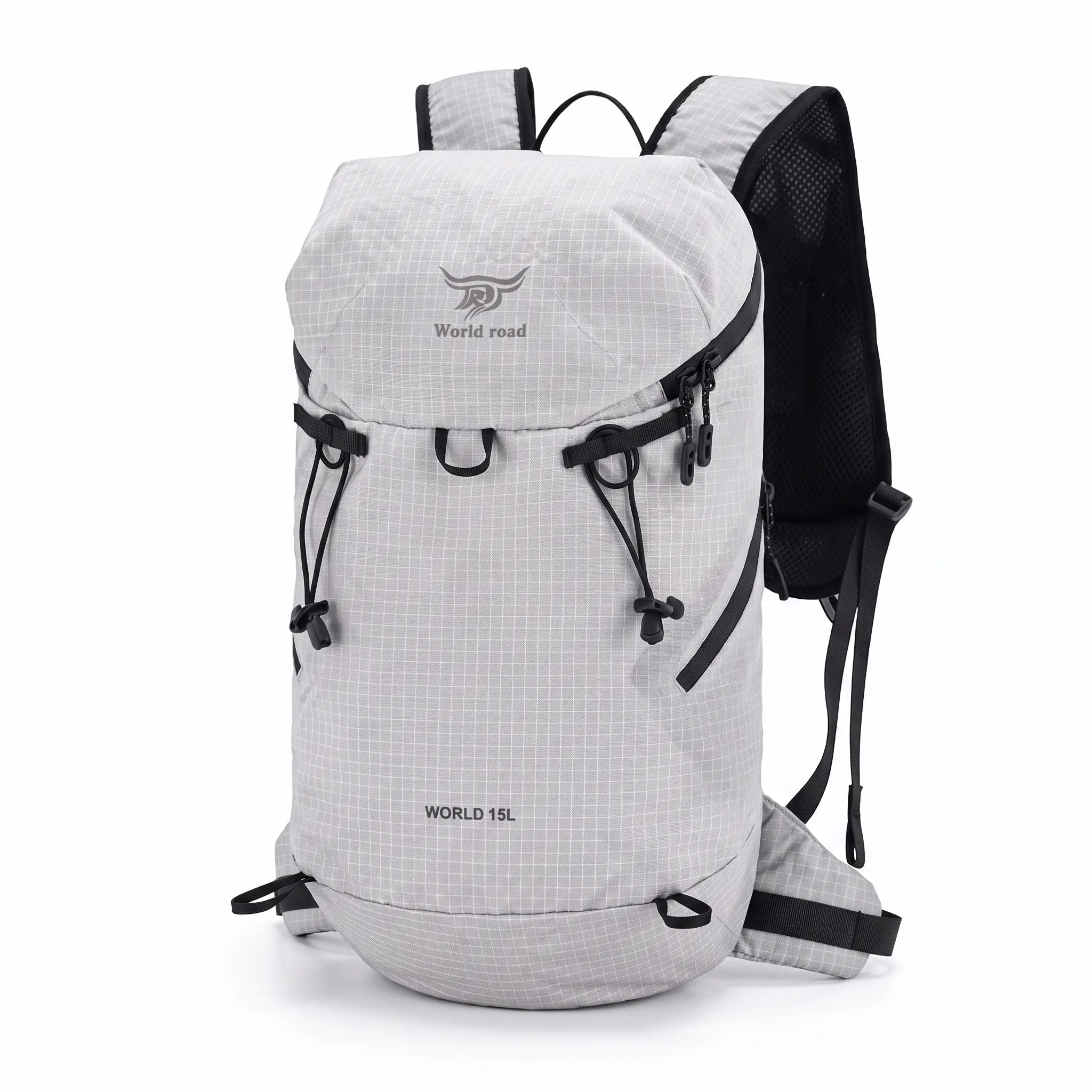 Angled front and side view of the World Road 15L Urban Outdoor Hiking Backpack in white with black shoulder straps, compression cords, and ripstop-style fabric.