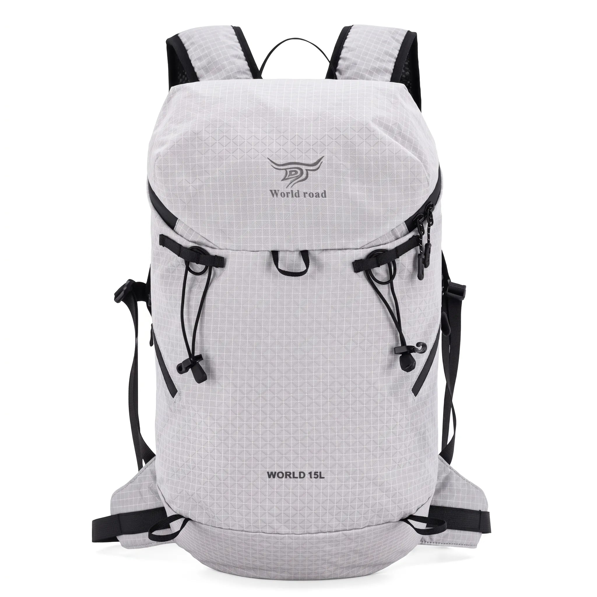 Front view of the World Road 15L Urban Outdoor Hiking Backpack in white with black compression cords, adjustable shoulder straps, and lightweight outdoor design.