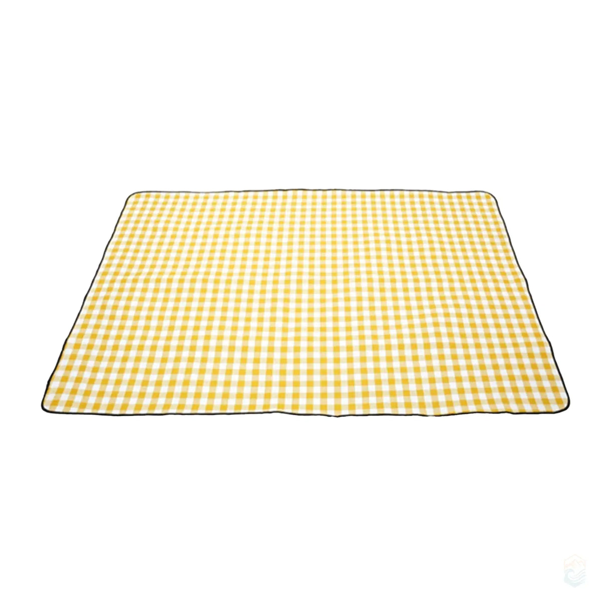 Yellow checkered picnic blanket laid flat, highlighting its spacious design and vibrant pattern, perfect for outdoor gatherings.