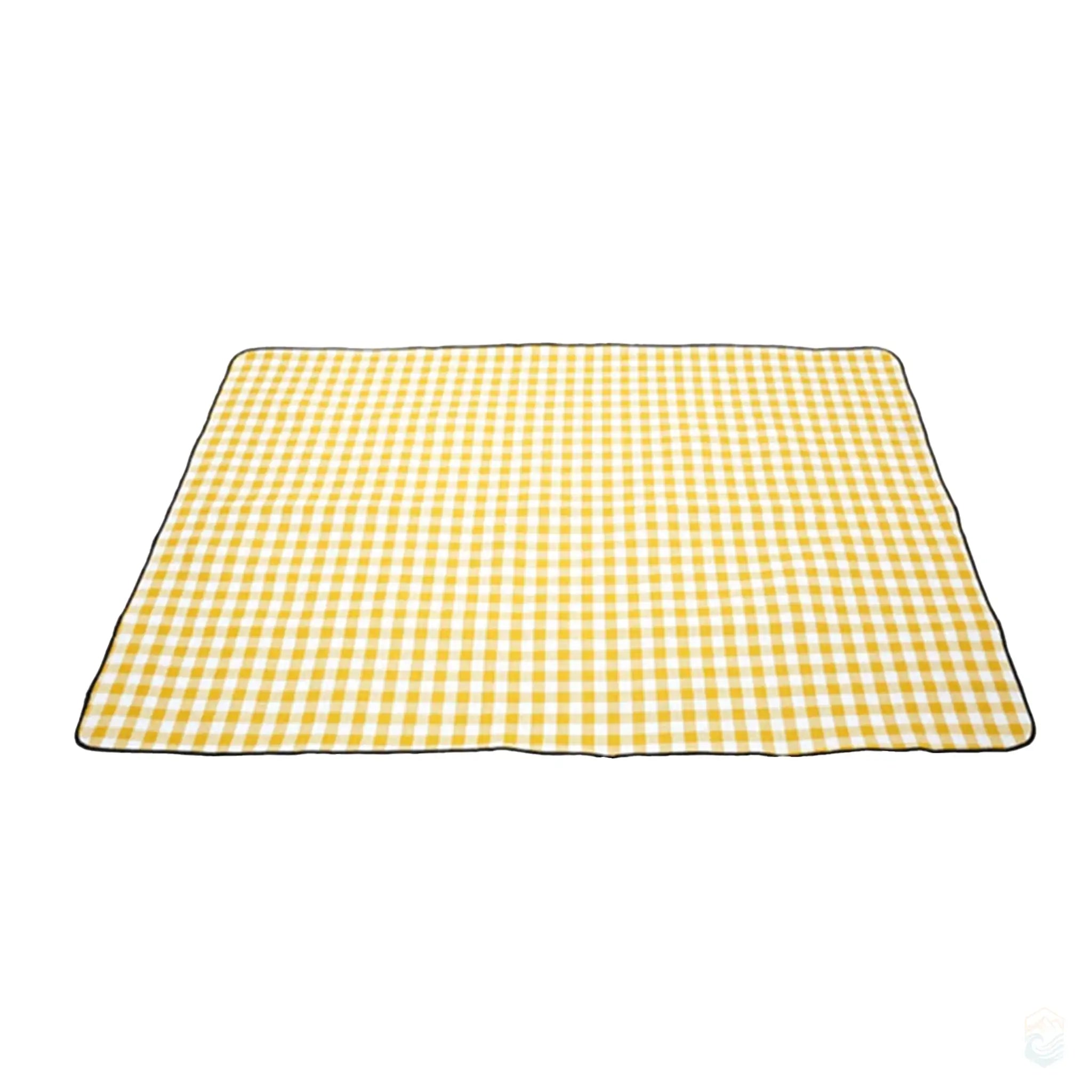 Yellow checkered picnic blanket laid flat, highlighting its spacious design and vibrant pattern, perfect for outdoor gatherings.