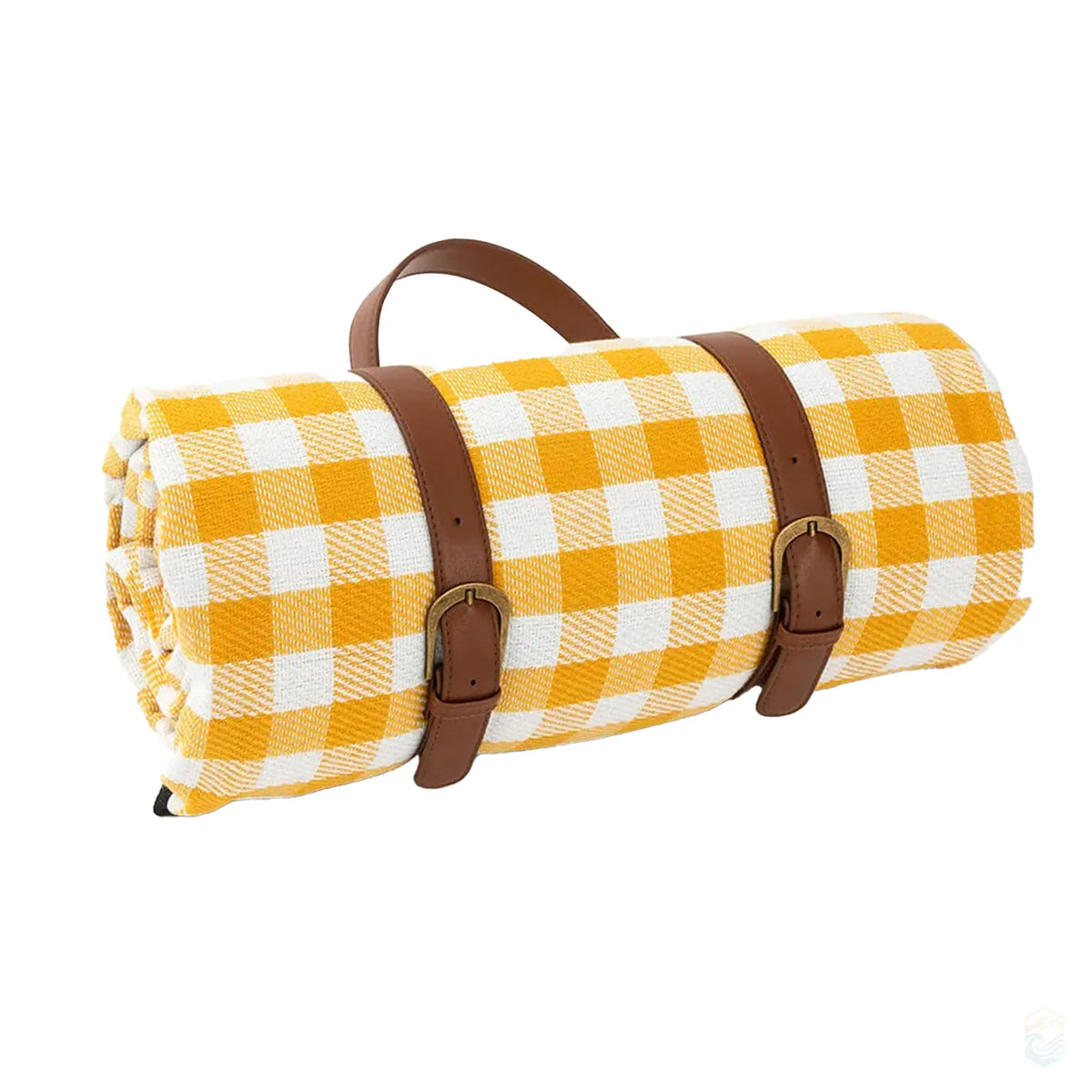 Yellow checkered picnic blanket rolled up with brown leather straps, offering a vibrant and durable design ideal for outdoor picnics and sunny days.