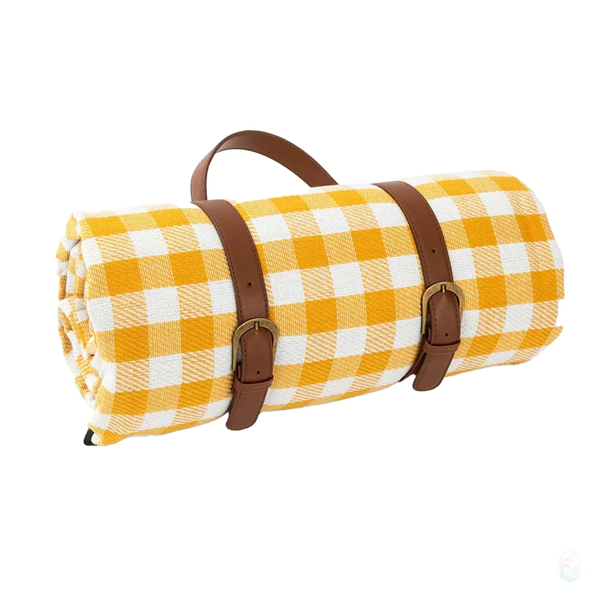 Yellow checkered picnic blanket rolled up with brown leather straps, offering a vibrant and durable design ideal for outdoor picnics and sunny days.