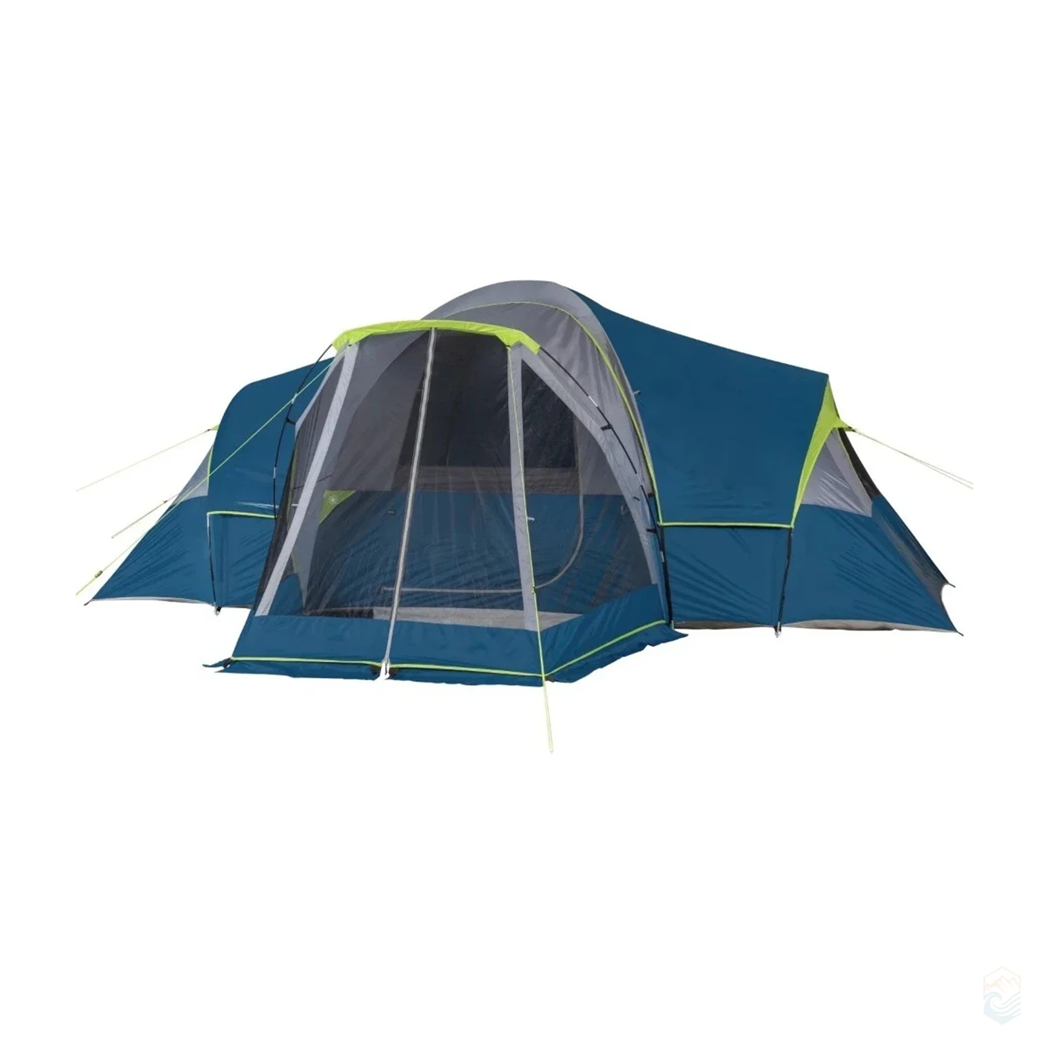 Large 10-person blue dome tent with screen porch and rainfly, designed for weather protection during group camping trips
