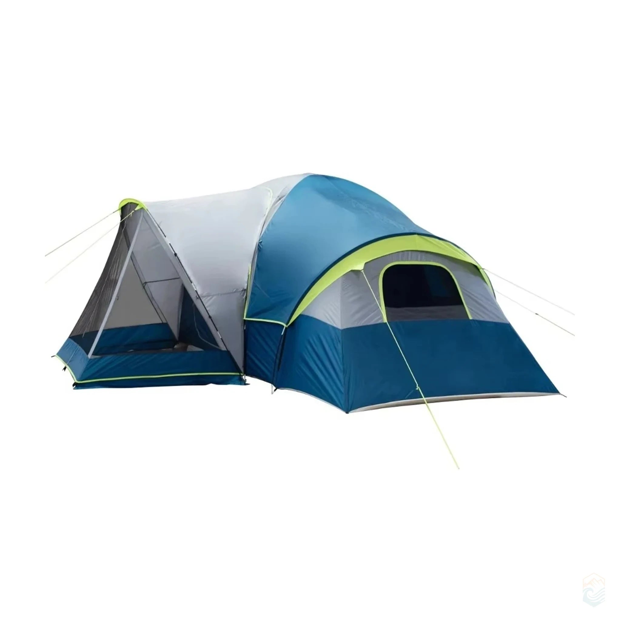 Side view of 10-person multicolored dome tent featuring large windows, a screen porch, and extended rainfly for added weather protection