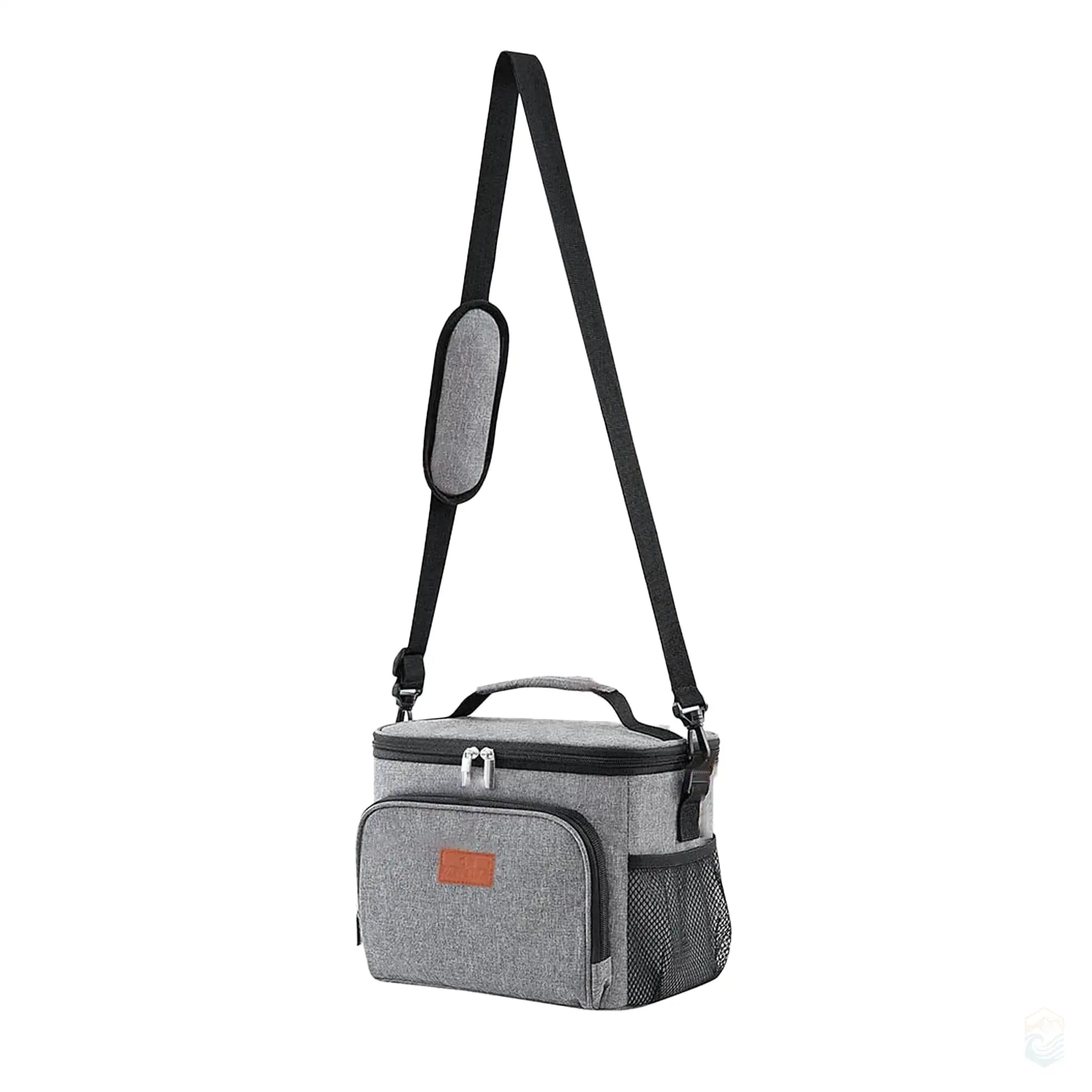 Gray 15L insulated lunch bag soft cooler tote shown with an adjustable shoulder strap, featuring a durable fabric exterior, front storage pocket, and side mesh pocket. Perfect for carrying meals and beverages while keeping them cold during outings.