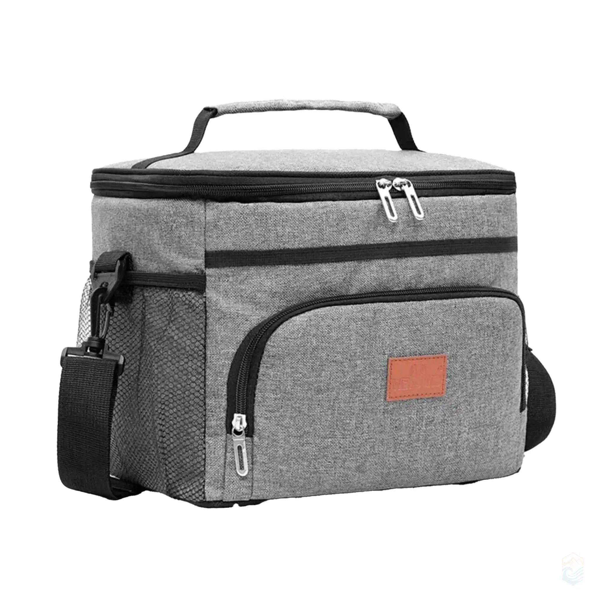 Gray 15L insulated lunch bag soft cooler tote featuring a durable fabric exterior, double zippers, a front storage pocket, and an adjustable shoulder strap. Ideal for keeping food and beverages cold during picnics, work, or travel.