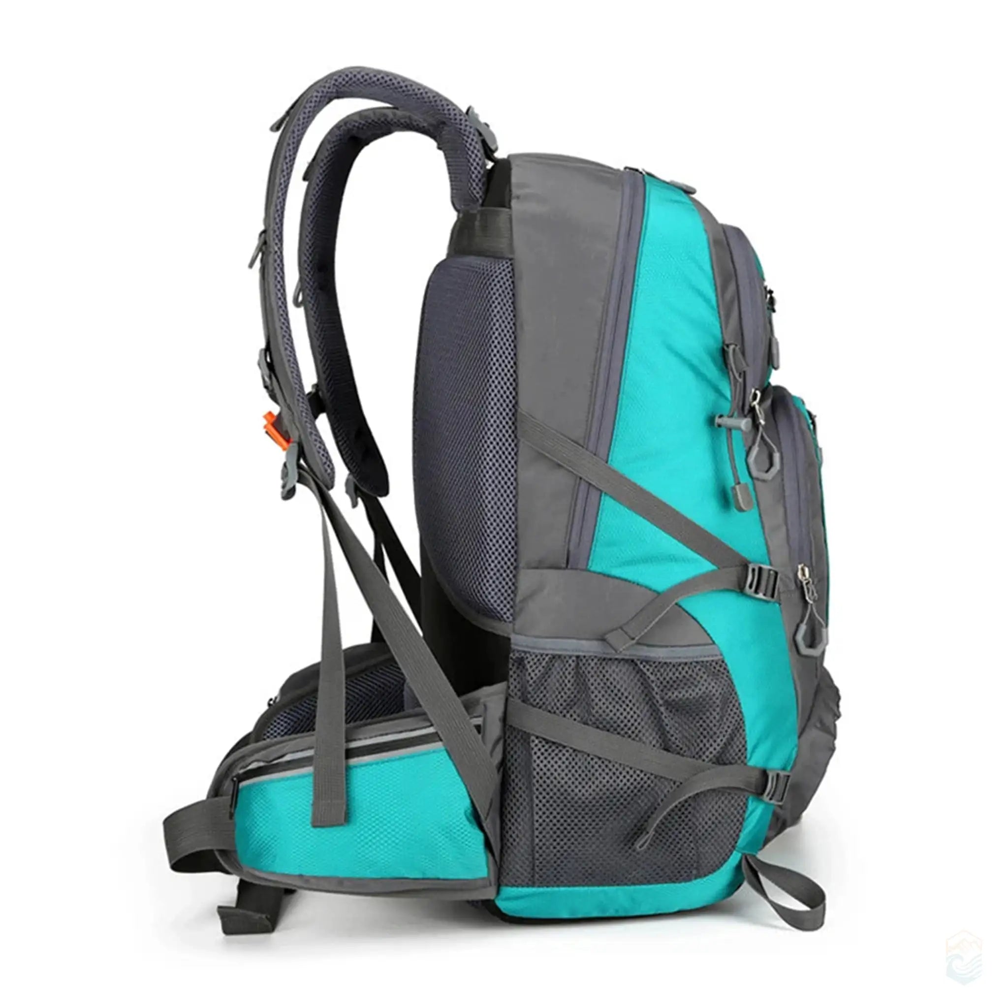 Side view of 50L camping hiking backpack in lake blue, showcasing ergonomic padded straps, breathable mesh back panel, and adjustable waist belt for comfort during long hikes.