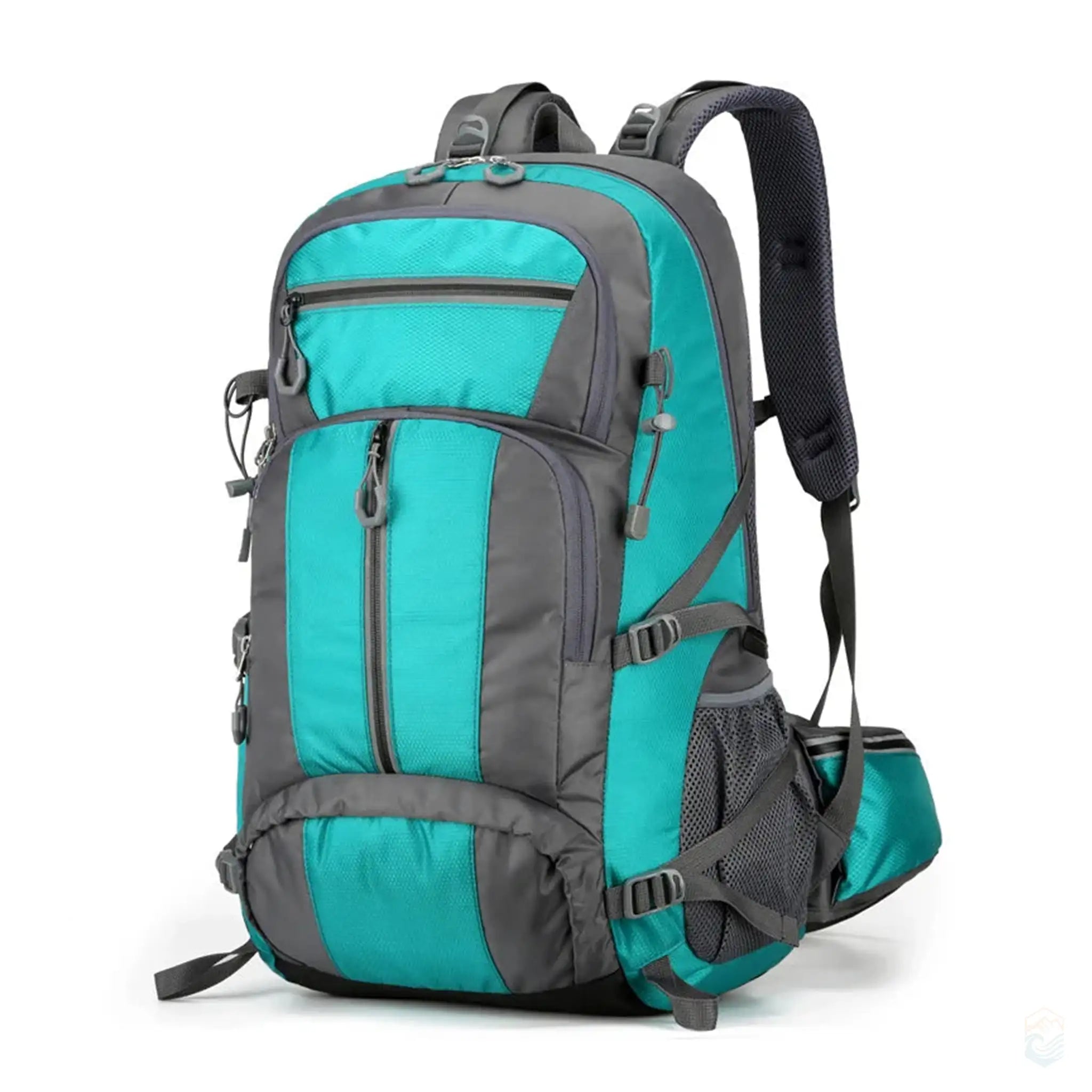 50L camping hiking backpack in lake blue with multiple compartments, ergonomic straps, and mesh side pockets for outdoor adventures.