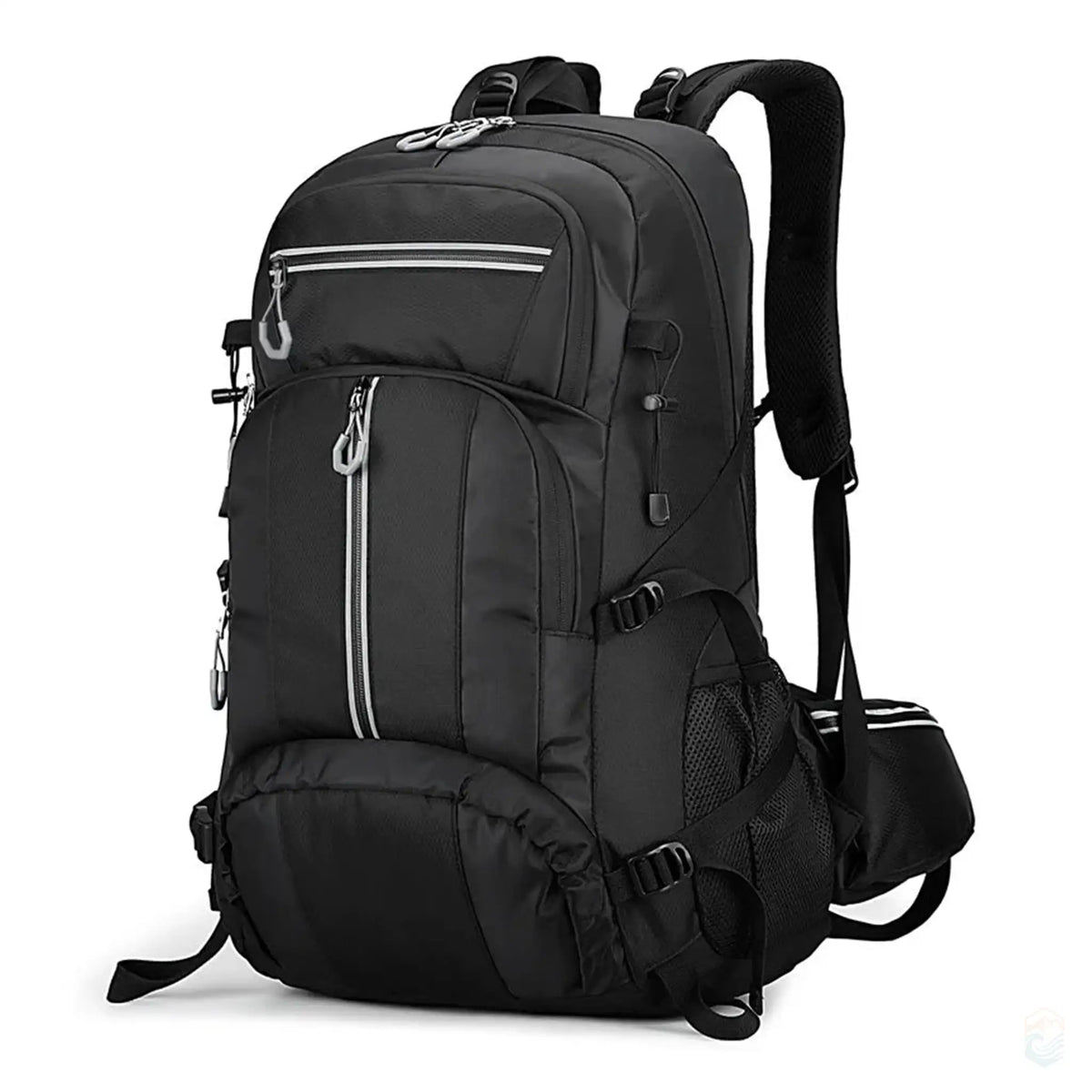 50L hiking backpack in sleek black with reinforced straps, spacious compartments, and water-resistant material, perfect for rugged outdoor activities.