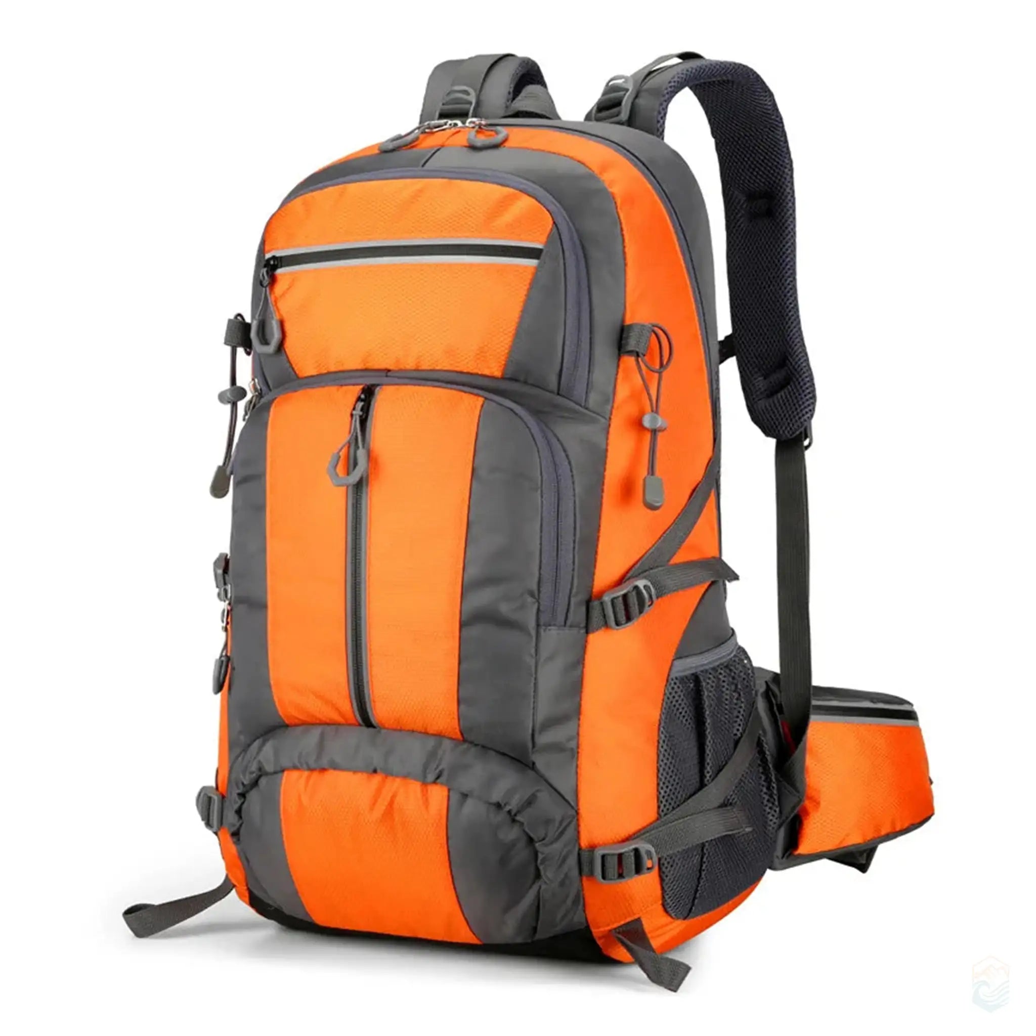 50L hiking backpack in bright orange with padded straps, multiple compartments, and durable fabric, perfect for outdoor adventures and camping.