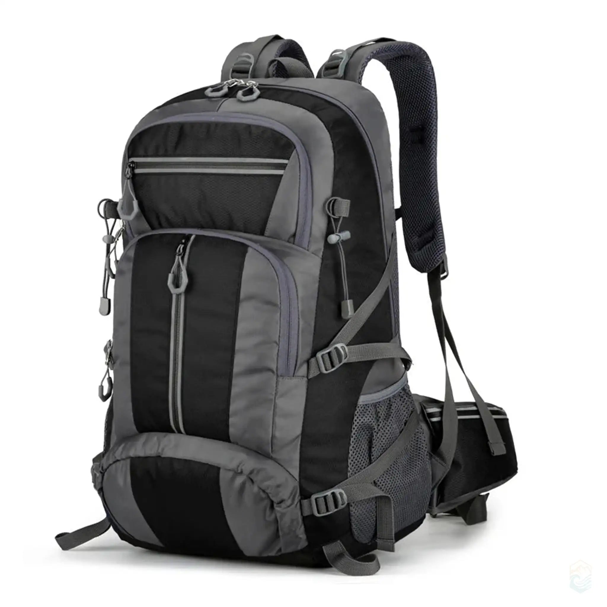 50L outdoor backpack in dark gray with ergonomic shoulder straps, multiple zippered compartments, and durable construction, suitable for hiking and camping.