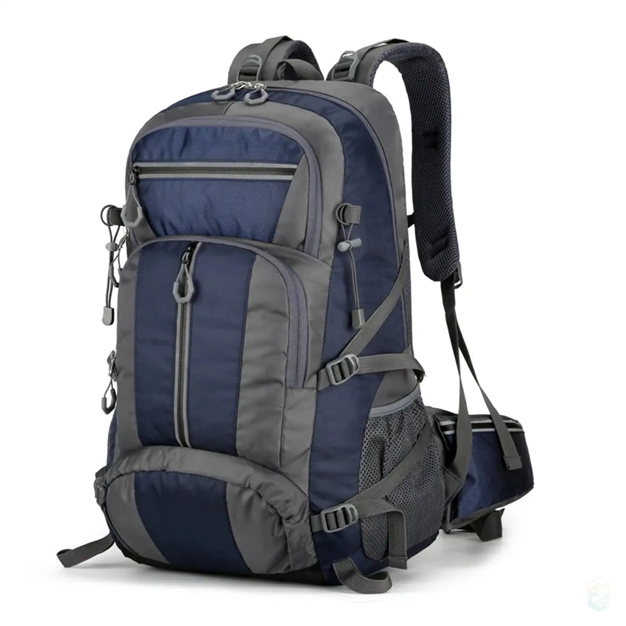 50L outdoor backpack in dark slate gray with durable straps, multiple zippered compartments, and mesh pockets, ideal for camping and hiking trips.