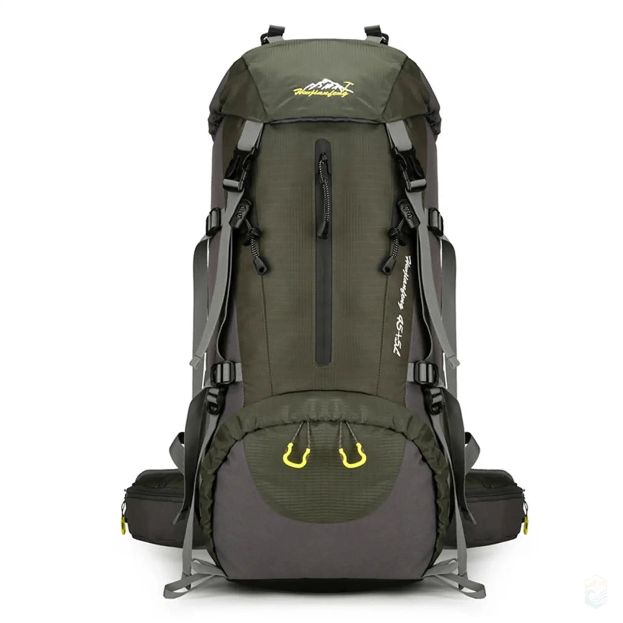 50L waterproof hiking backpack in army green, featuring durable construction, secure straps, and ample storage space, ideal for outdoor expeditions and hiking.