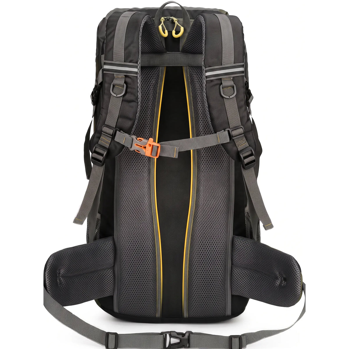 Back view of a 50L waterproof hiking backpack featuring a breathable mesh back panel, padded shoulder straps, adjustable sternum strap, and cushioned hip belt for hiking and backpacking.