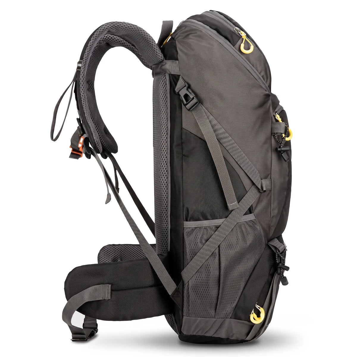 Side view of a black 50L waterproof hiking backpack featuring padded shoulder straps, breathable back panel, compression straps, and side mesh pocket for camping and backpacking.