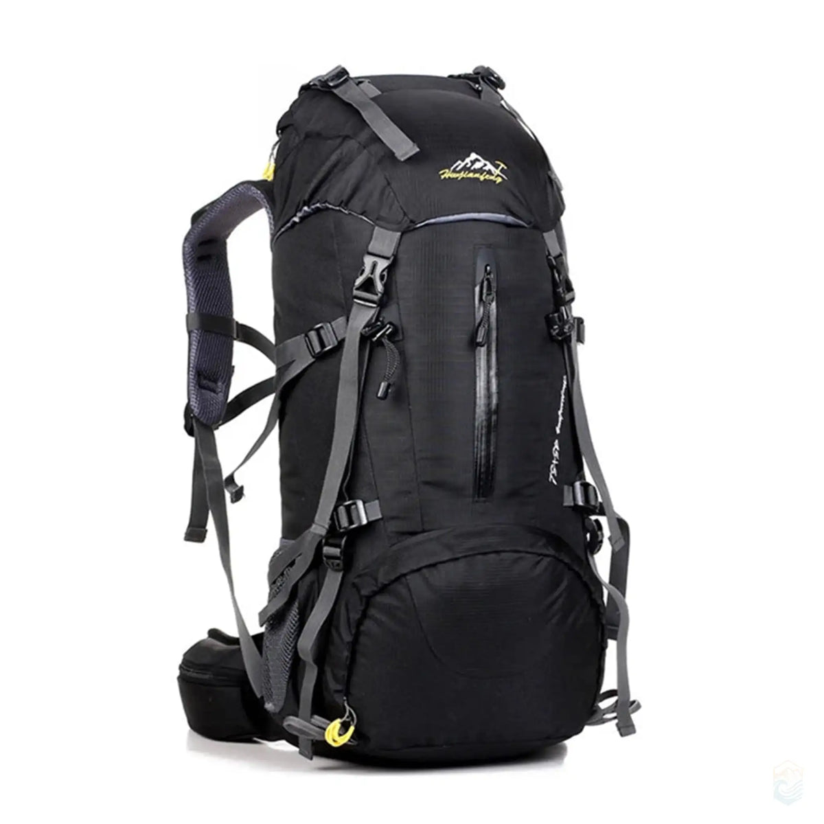 50L waterproof hiking backpack in black, featuring a sleek design, multiple adjustable straps, and durable material, ideal for serious hikers and outdoor enthusiasts.