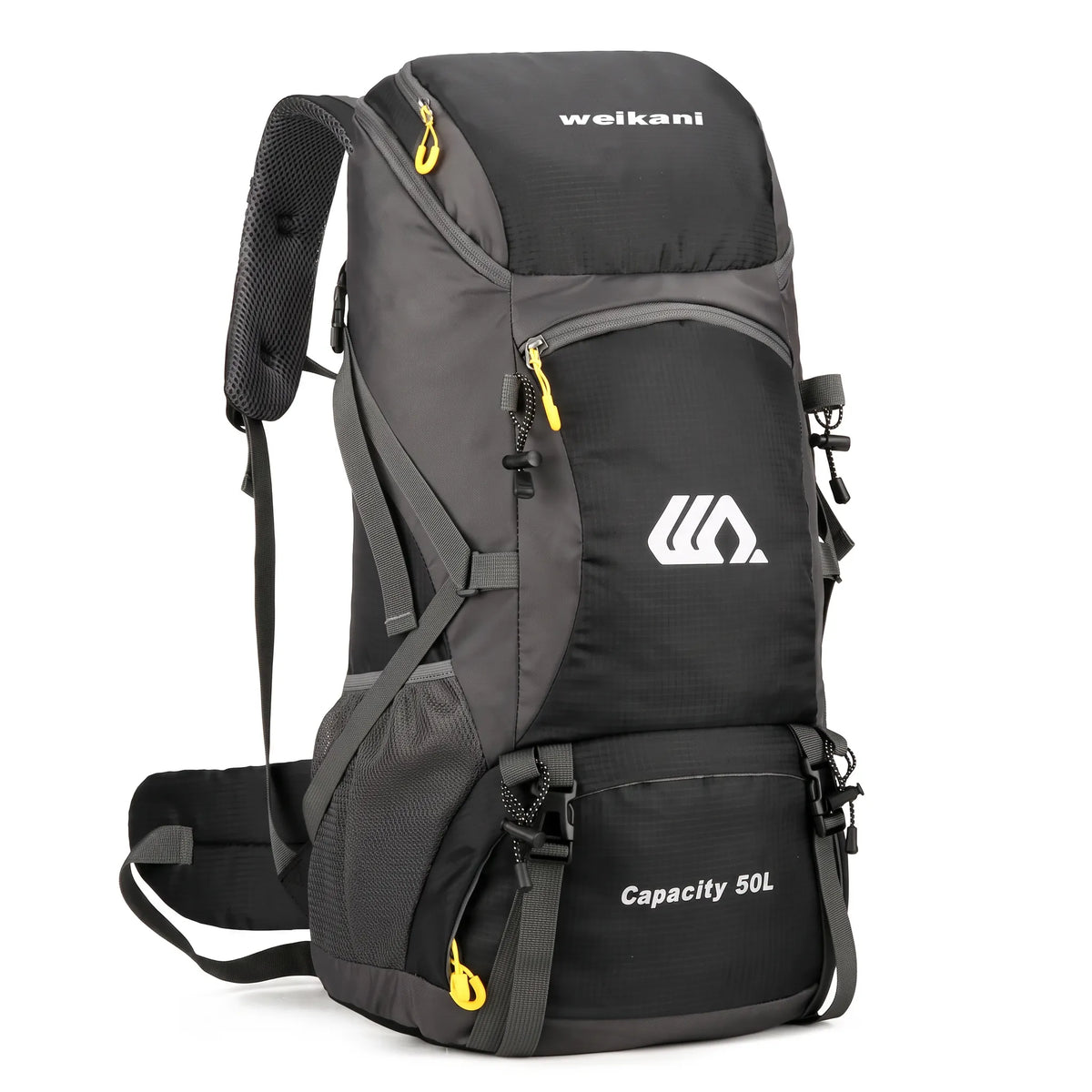 Black 50L waterproof hiking backpack with padded shoulder straps for camping, backpacking, trekking, mountaineering, and outdoor travel.