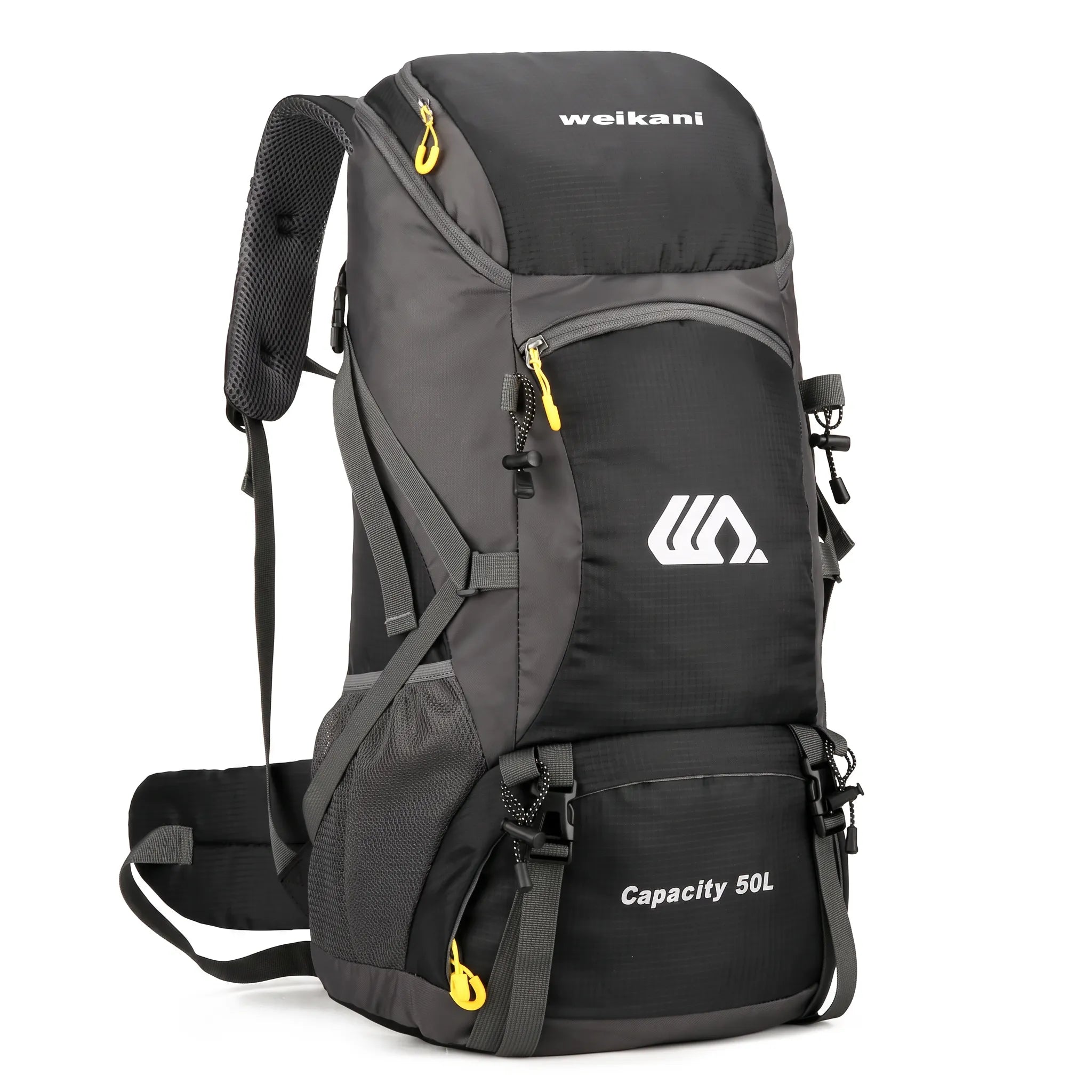 Black 50L waterproof hiking backpack with padded shoulder straps for camping, backpacking, trekking, mountaineering, and outdoor travel.