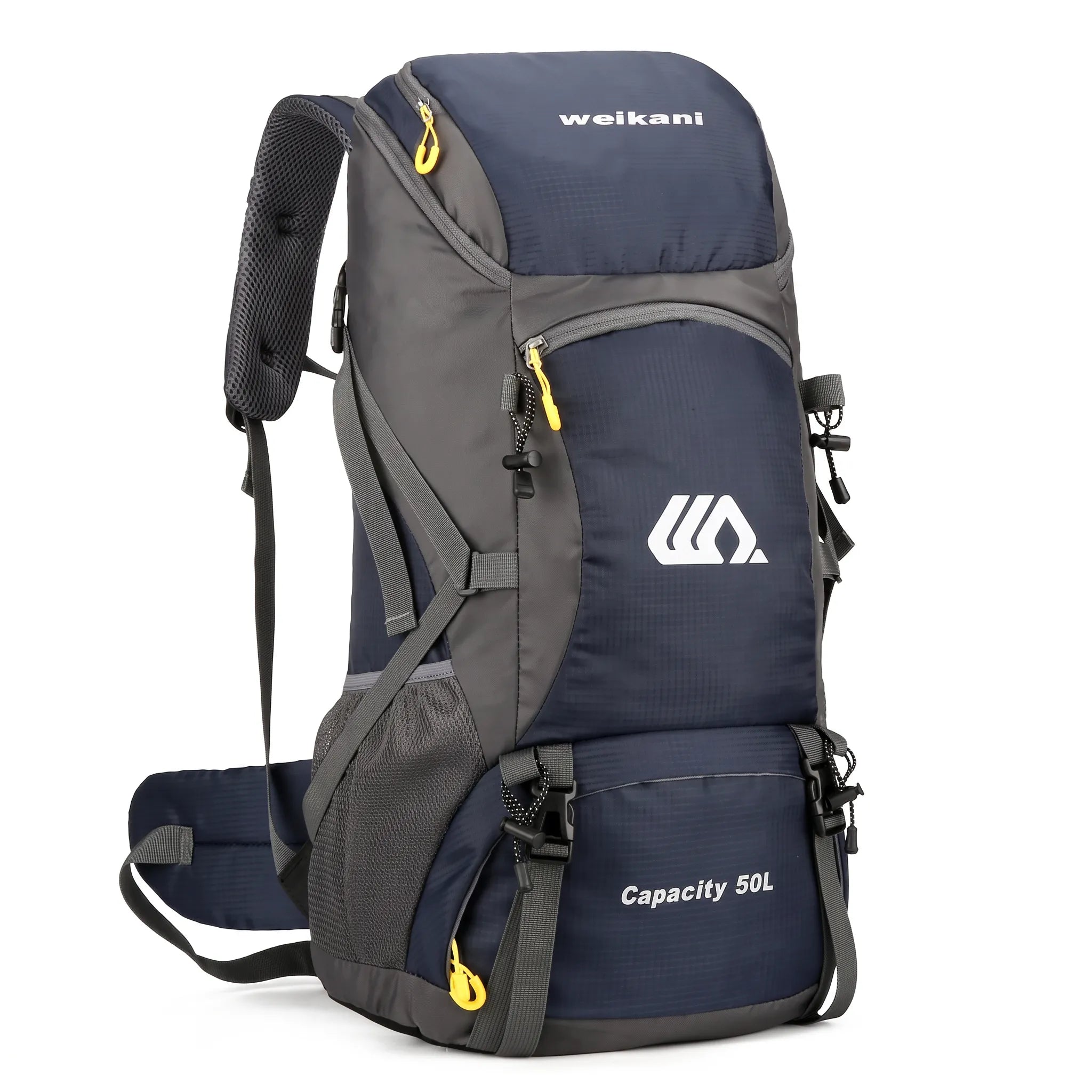 Blue 50L waterproof hiking backpack with padded shoulder straps for camping, backpacking, trekking, mountaineering, and outdoor travel.