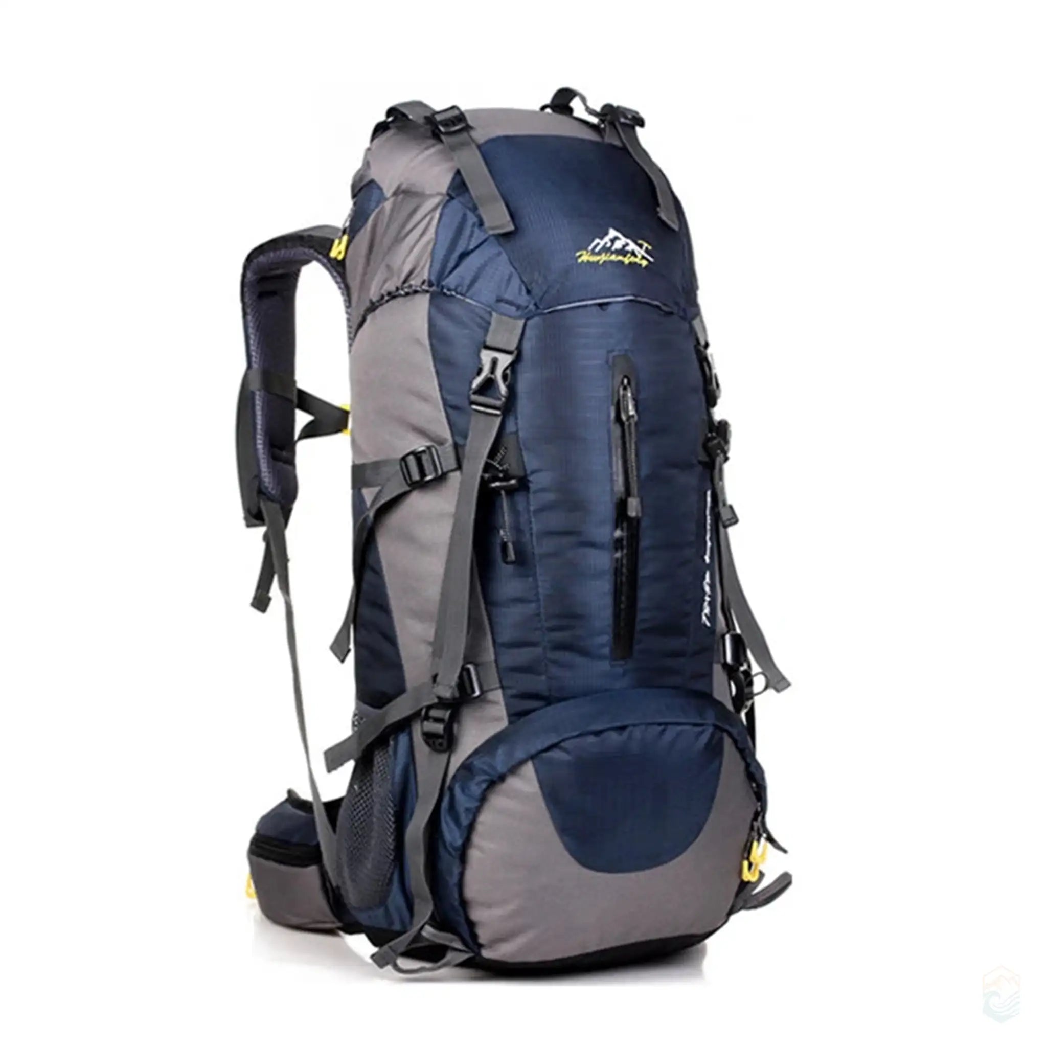 50L waterproof hiking backpack in deep blue, featuring multiple compartments, durable zippers, and adjustable straps, ideal for outdoor adventures and long hikes.