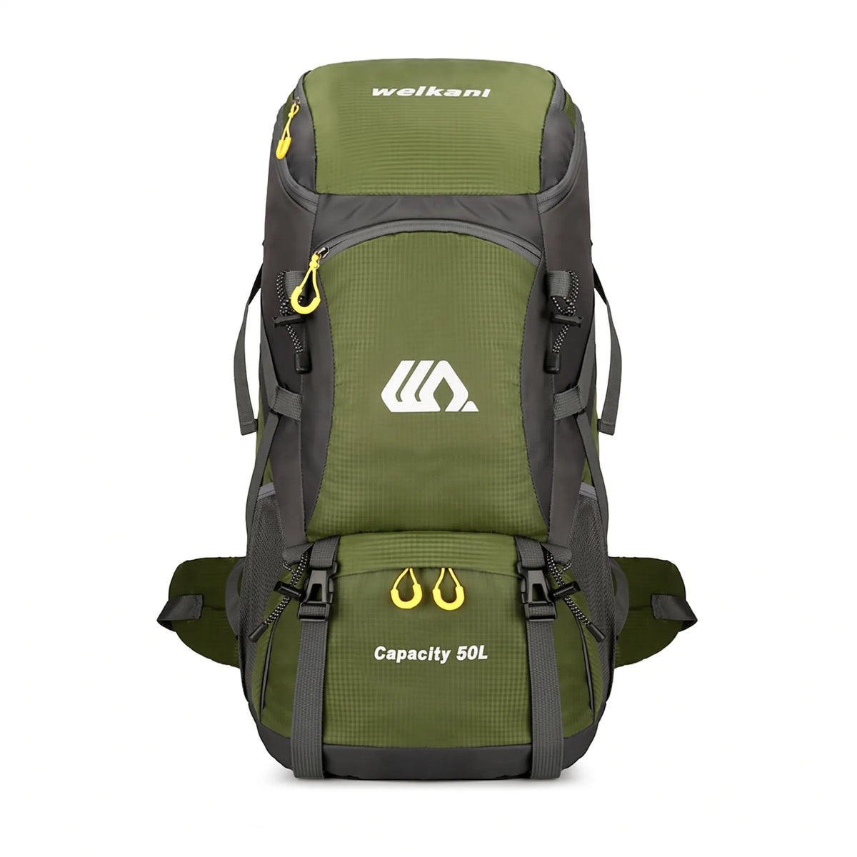 Front view of a green 50L waterproof hiking backpack with multiple storage compartments, compression straps, and adjustable waist belt for camping and backpacking.
