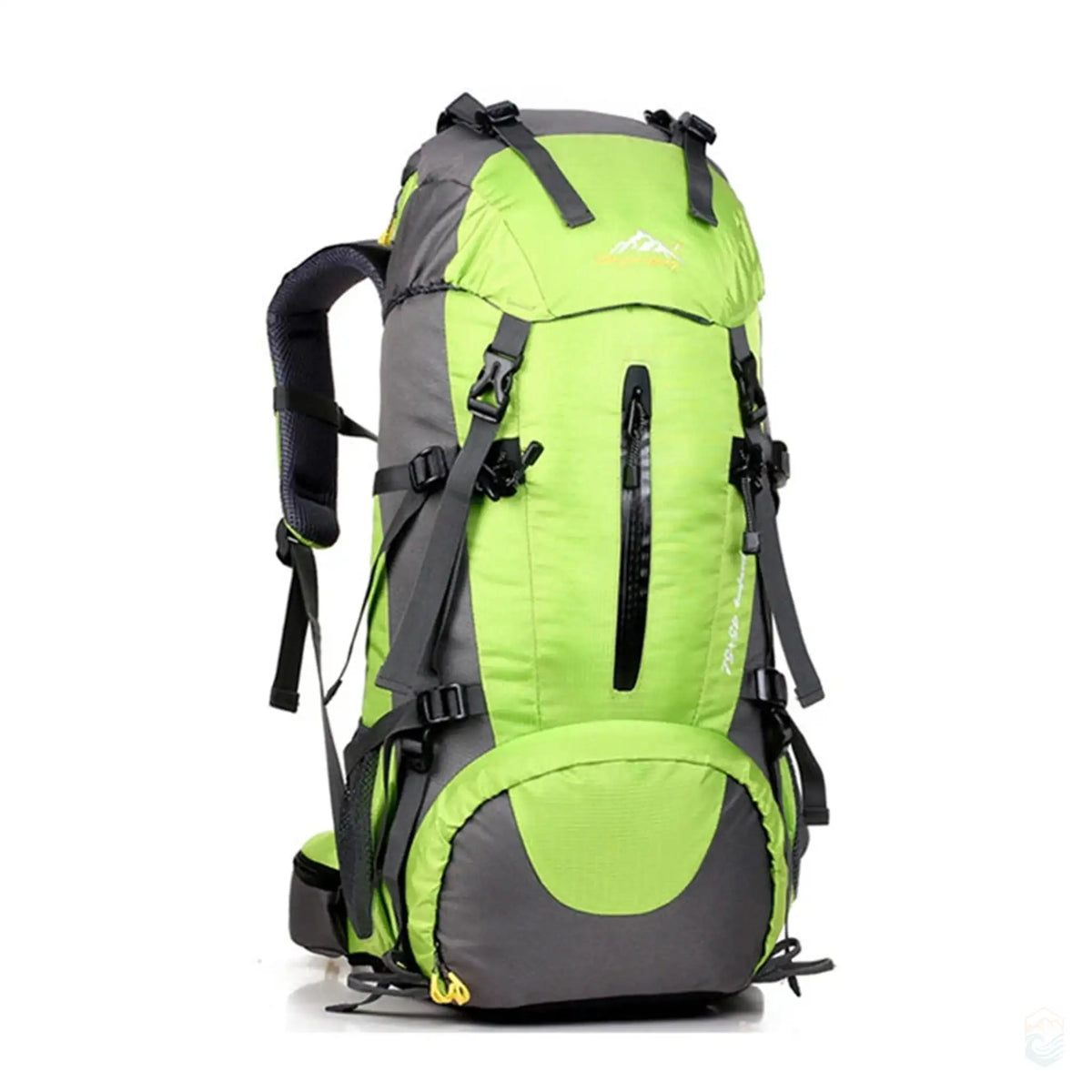 50L waterproof hiking backpack in highlighter green, featuring a vibrant color, durable straps, and multiple storage compartments, perfect for outdoor trekking and expeditions.