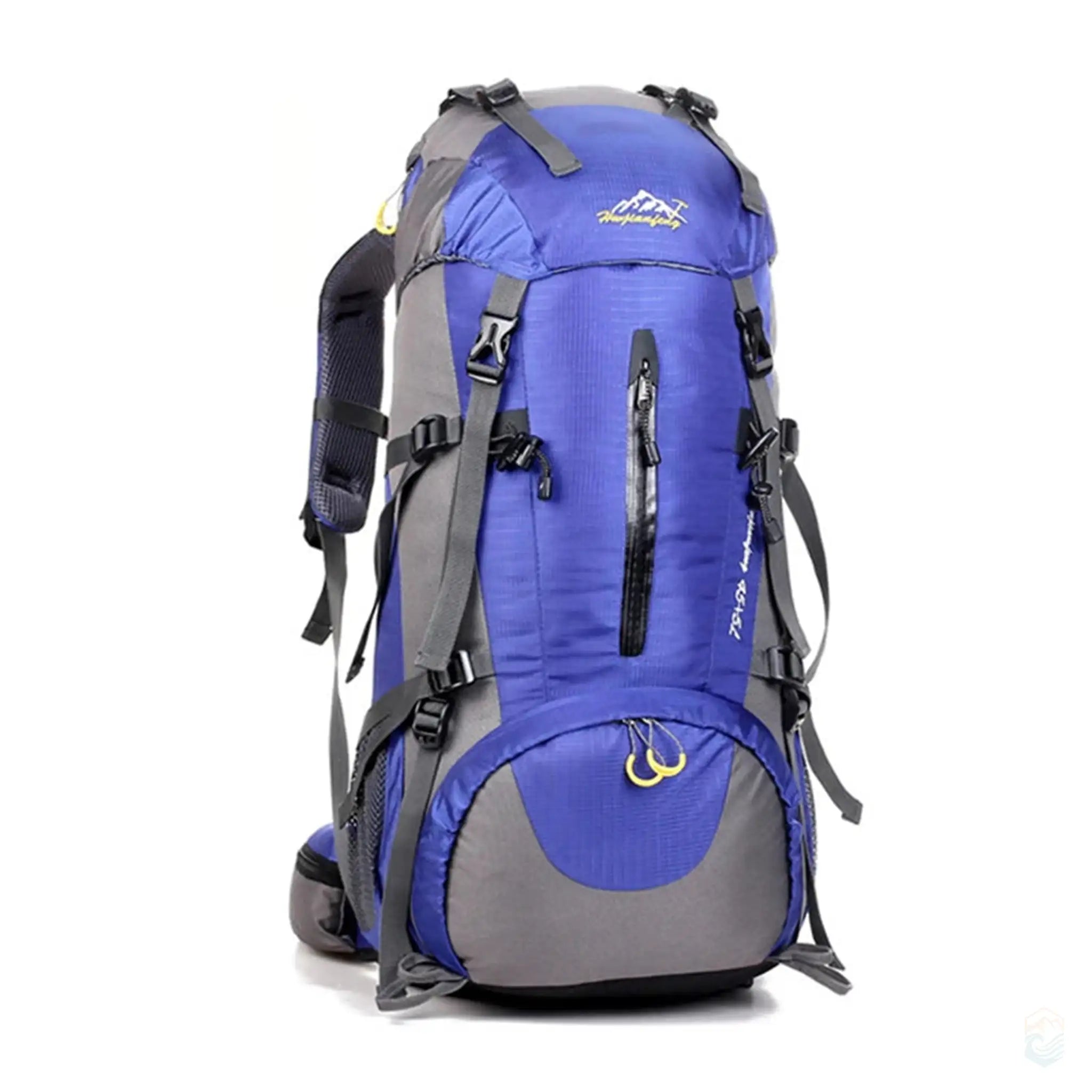 50L waterproof hiking backpack in light purple, featuring multiple compartments, adjustable straps, and durable construction, perfect for outdoor trekking and hiking.