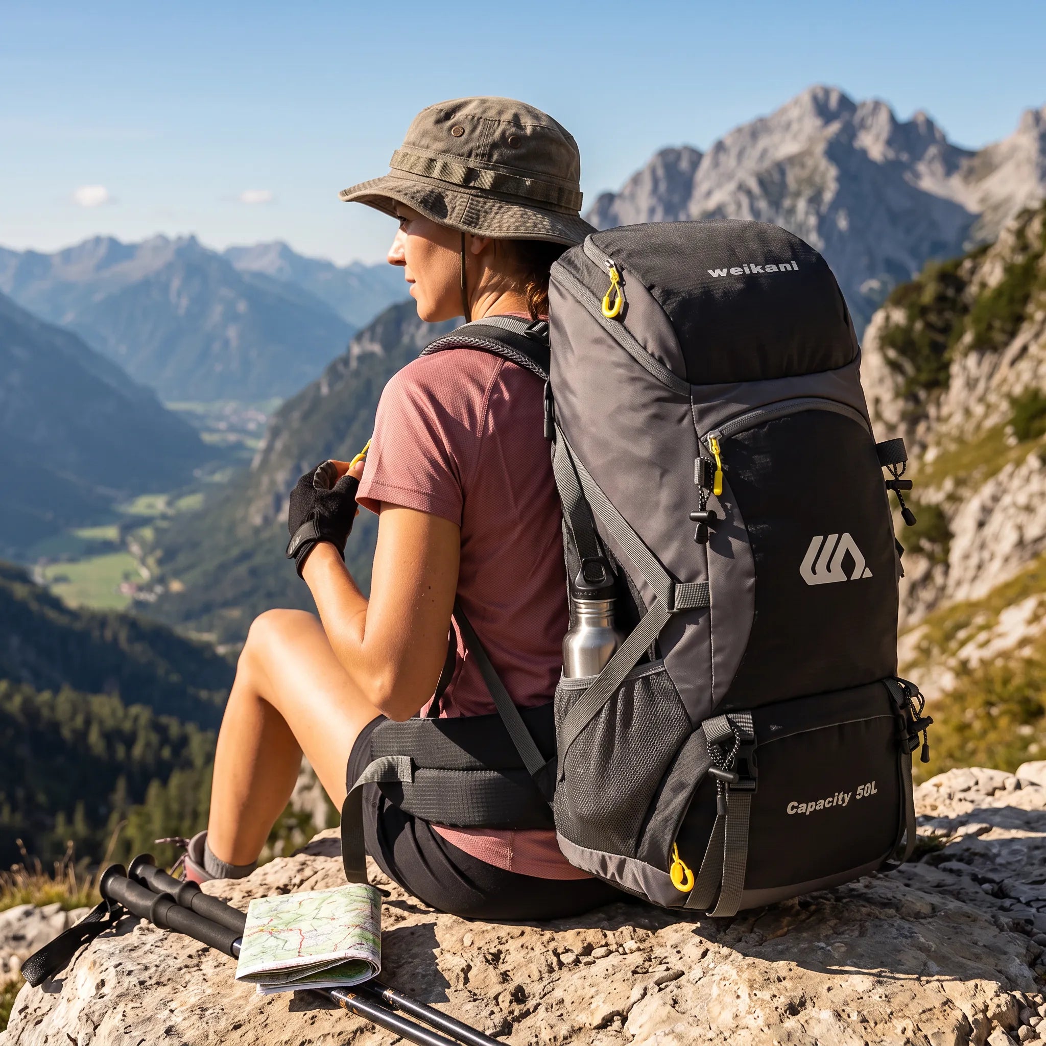 Hiker wearing a black 50L waterproof hiking backpack while resting on a mountain trail with scenic alpine views during a backpacking adventure.
