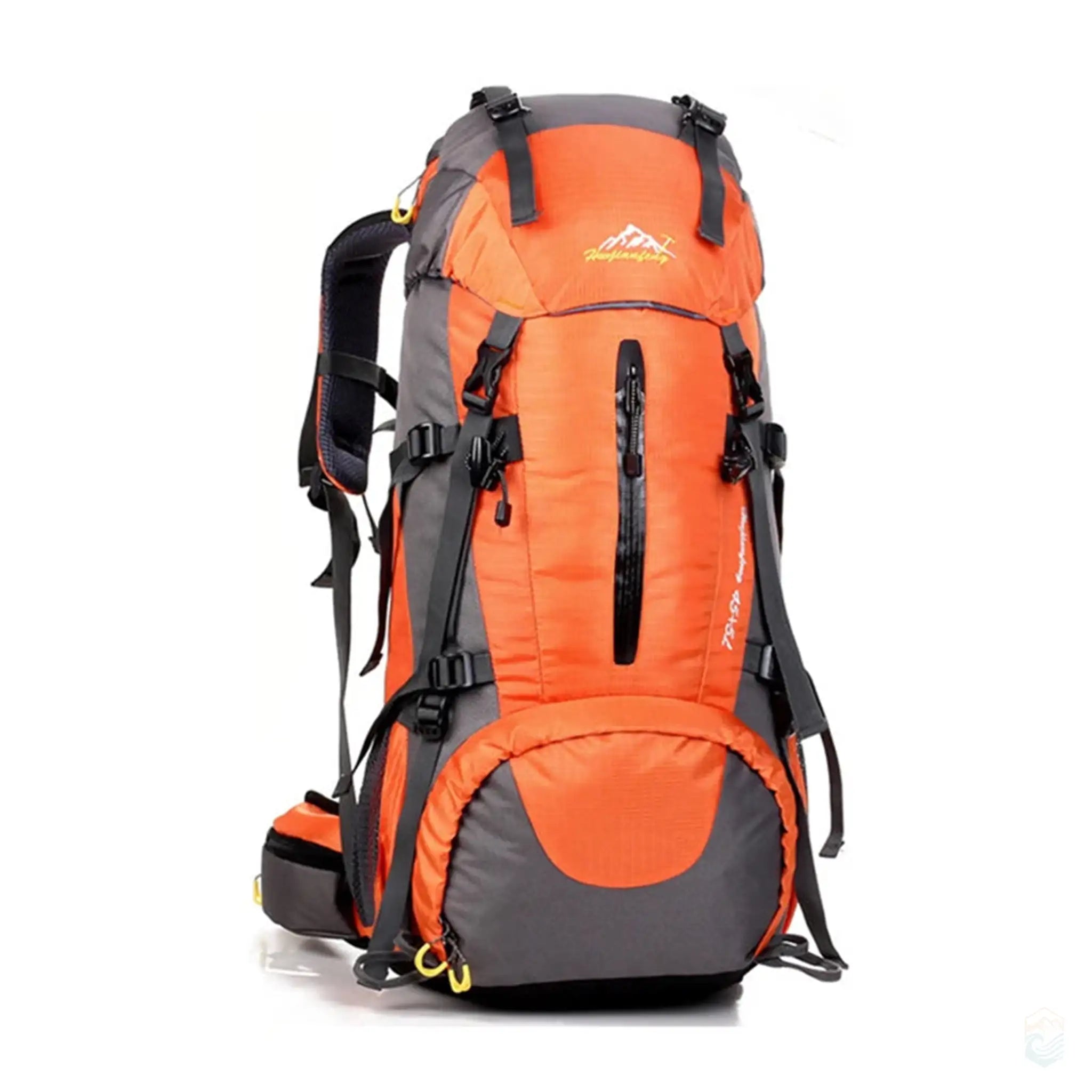 50L waterproof hiking backpack in orange, featuring a vibrant design, multiple storage compartments, and durable straps, perfect for outdoor trekking and camping.