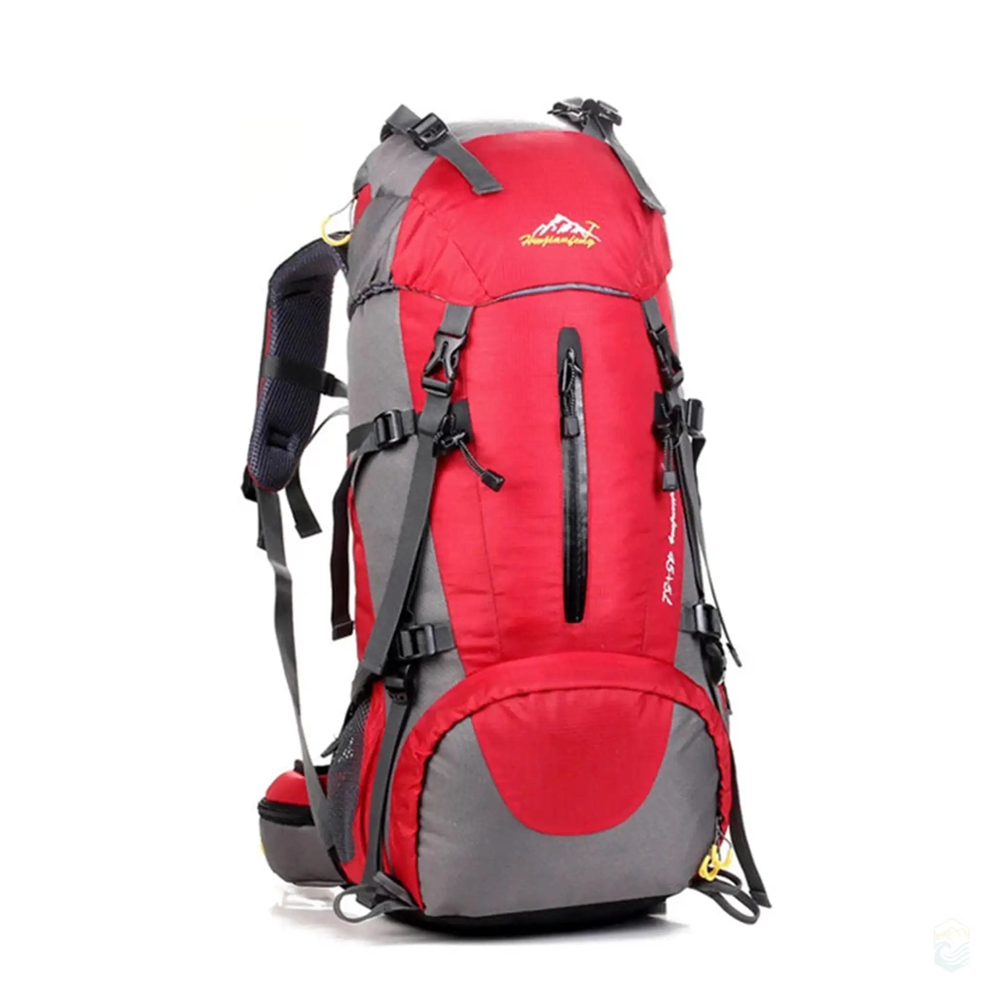 50L waterproof hiking backpack in red, featuring a bold color, secure compartments, and adjustable straps, perfect for rugged outdoor adventures and long hikes.